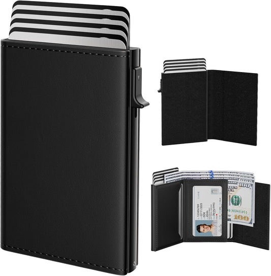 typecase Mens Wallet Card Holder: Pop Up Aluminum Case, Genuine Leather, Smart, RFID Blocking, Slim, Minimalist, Front Pocket - 9-14 Card Capacity | ID Window | Cash Slot (Deep Black)