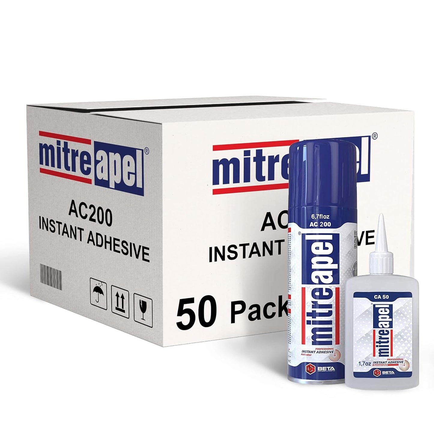 MITREAPEL Ca Glue with Activator (50 x 1.7 oz - 50 x 6.7 fl oz), Cyanoacrylate Super Glue for Plastic, Glass, Leather, Ceramic, Woodworking, DIY, 3D Printing - Instant Bond - 50 Pack