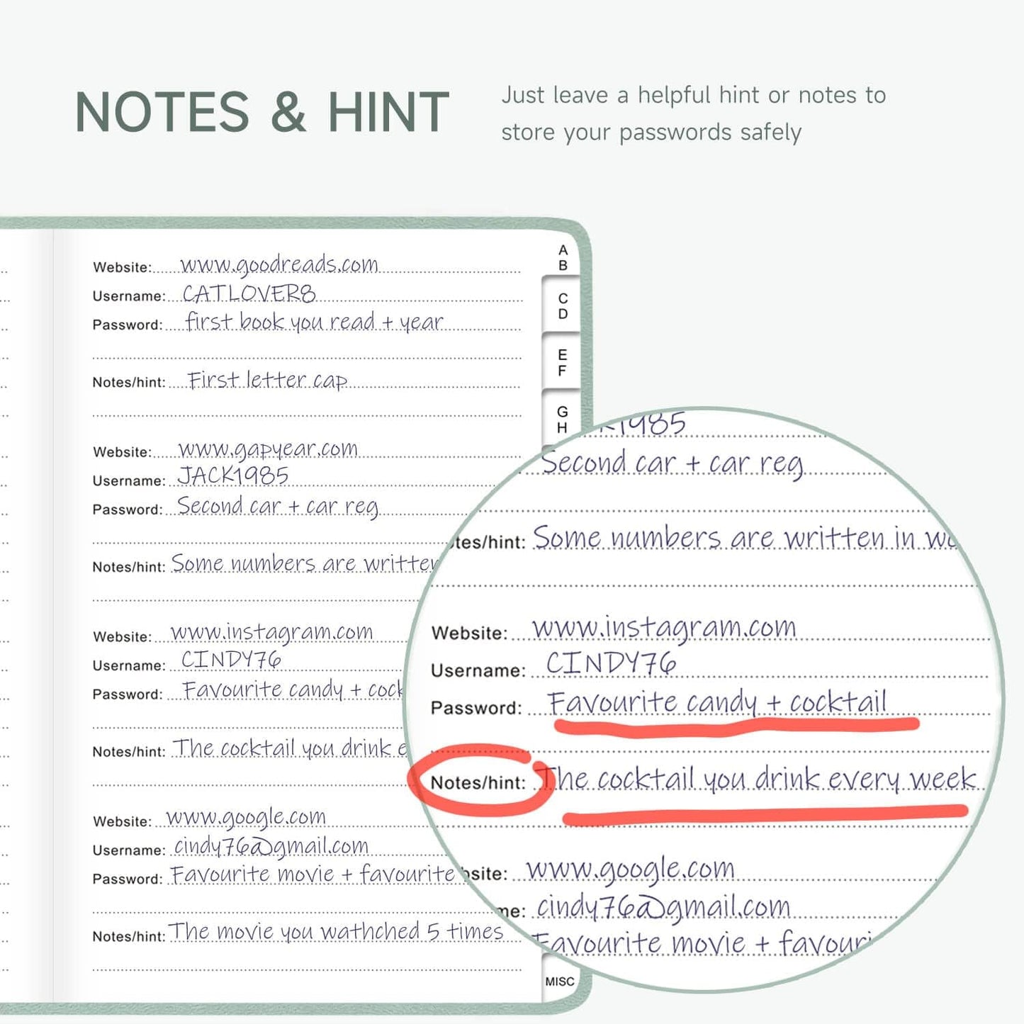 Password Book with Alphabetical Tabs – Hardcover Internet Address & Password Organizer – Password Keeper Notebook for Computer & Website – 5.2 x 7.6" Log-in Password Journal w/ Thick Paper (Mint Green)