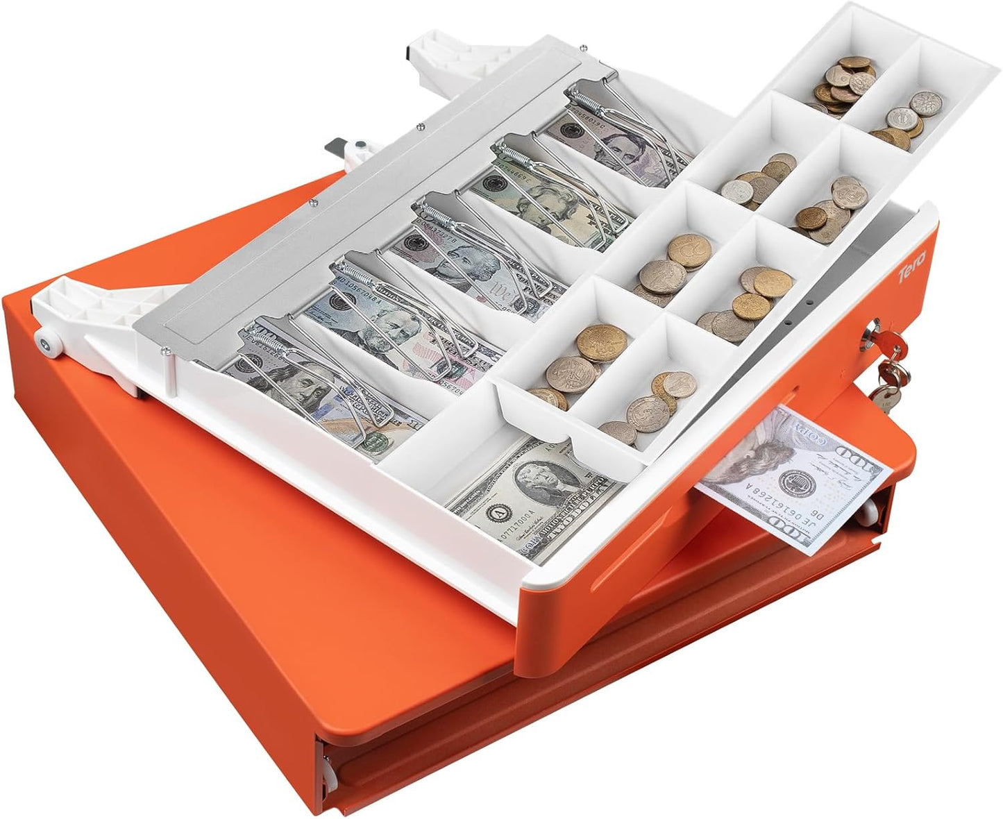 Tera 16 inch Cash Drawer: with Micro Switch Auto Open Heavy Duty Insert Tray 5 Bill 8 Coin for POS System Removable Cash Tray Media Slot 24V RJ12 Key-Lock (Round Corner) for Retail 405R Orange