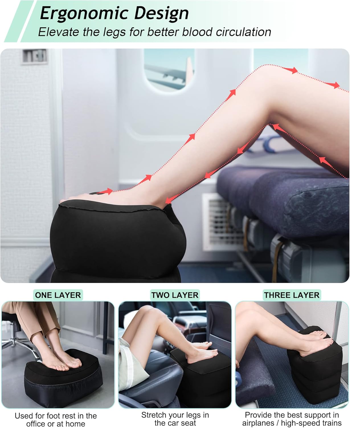 JefDiee Inflatable Travel Foot Rest Pillow, Kids Airplane Bed, Adjustable 3 Layers Height Leg Rest Pillow, Adults Travel Essentials Great for Airplane, Office, Home, Trains, Cars (Black)