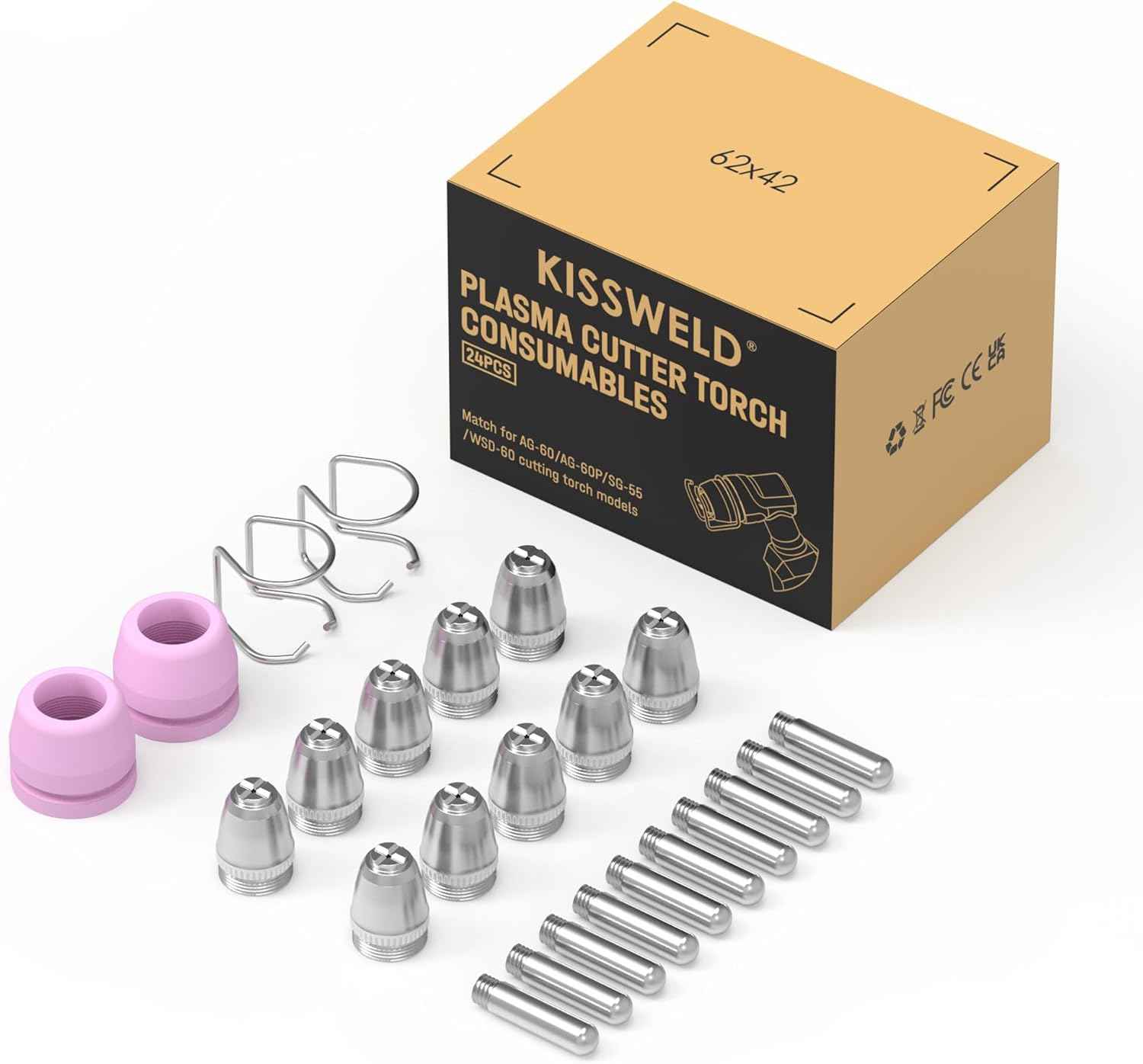 24Pcs AG60P Plasma Cutter Consumables Accessories AG-60 SG-55 WSD-60 Cutting Torch Plasma Cutter Tips Nozzles Kit for Plasma Cutting Equipment