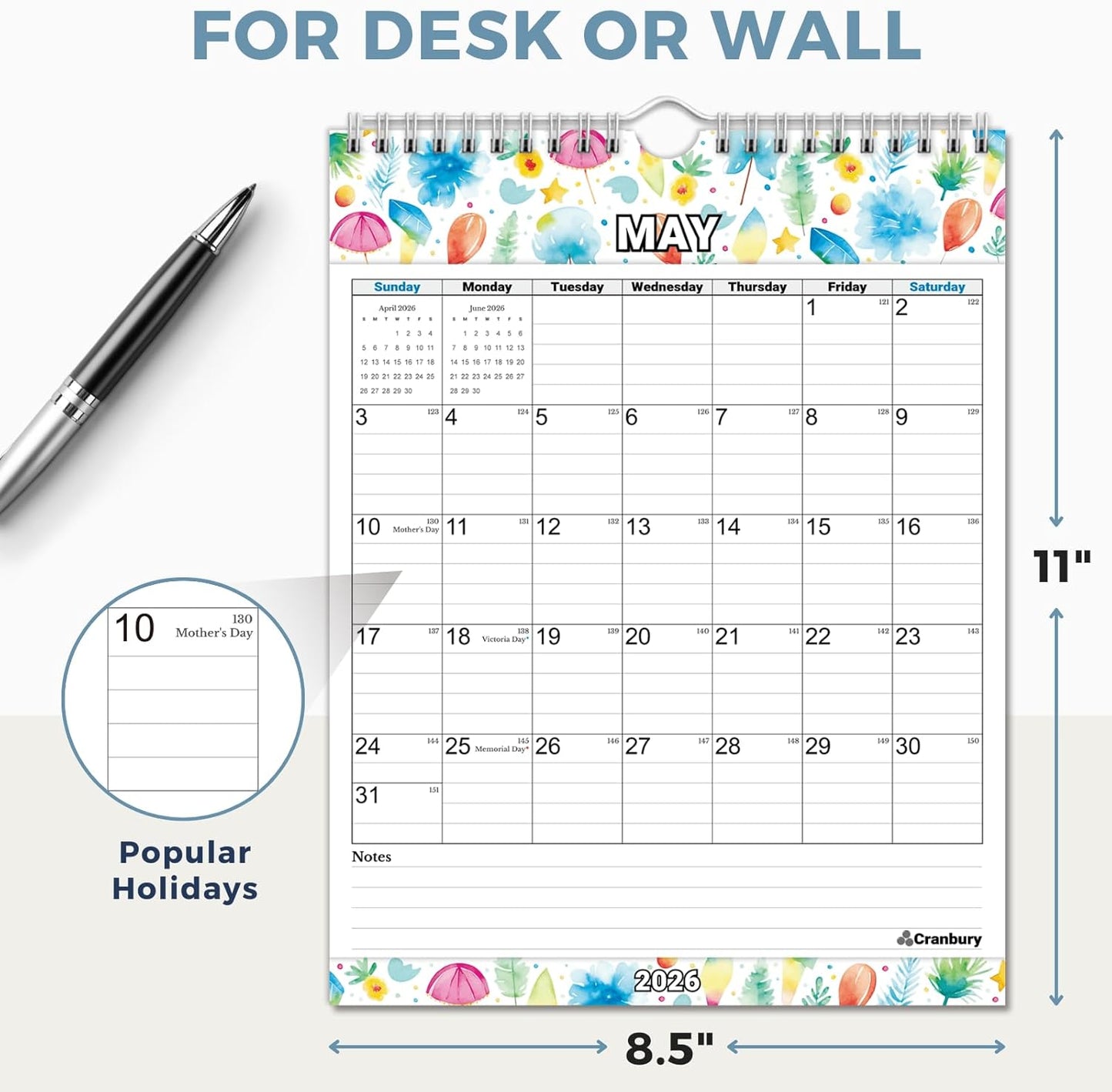 CRANBURY Small Wall Calendar 2026, 8.5x11 Vertical Calendar (Seasonal), Hanging or Desk, Starts Now and Runs Through Dec 2026, Monthly Planner for Home, School & Office, Includes Stickers
