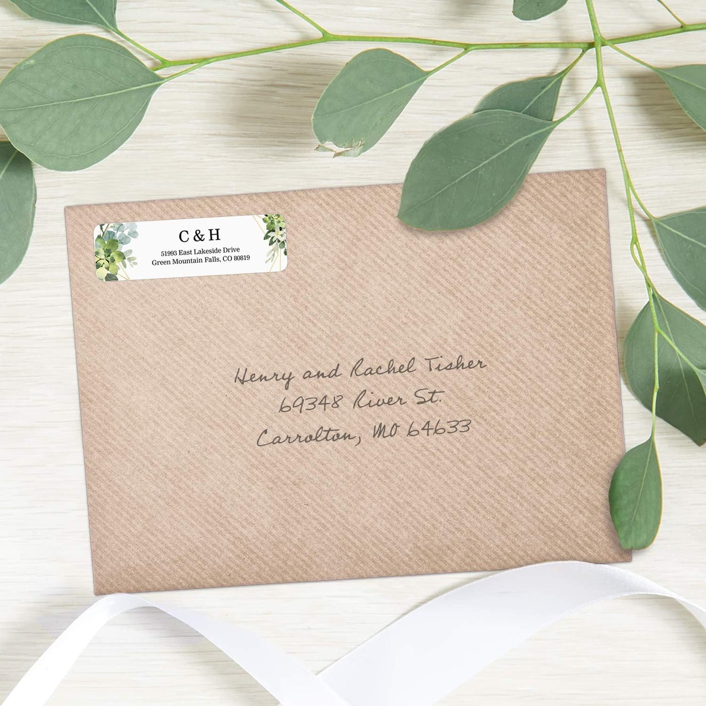 Greenery Frames Rolled Address Labels/Roll of 250 Personalized Address Labels/Designer Return Address Stickers in Elegant Plastic Dispenser - Lumora Desk