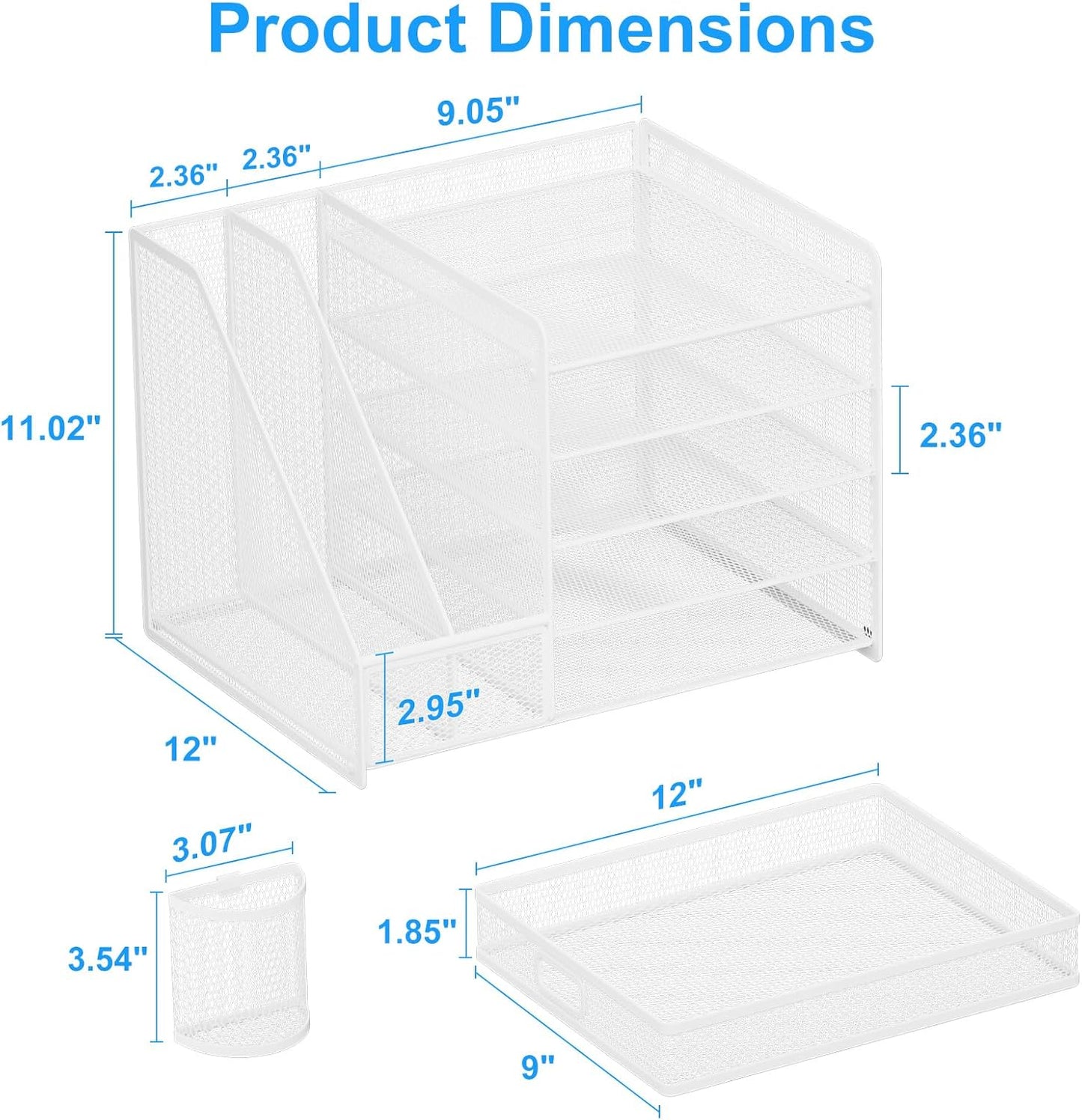 Lavatino Desk Organizer with File Holder, 5-Tier Paper Letter Tray Organizer with Sliding Drawer and 2 Pen Holder, Mesh Desktop File Organizer for Office Supplies, White