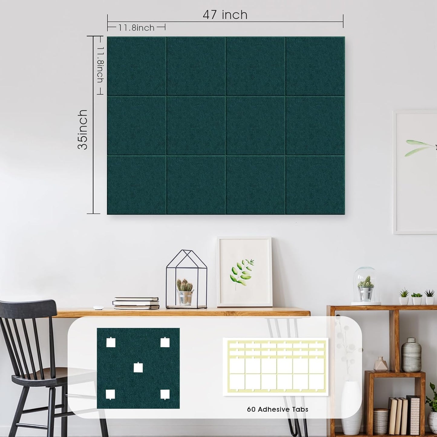 Large Cork Board for Office Wall Decor,48"x36"-12 Pack Felt Wall Tiles with Safe Removable Adhesive Tabs, 1/2" Thick, Felt Bulletin Board Pin Board Cork Boards for Walls - Dark Green