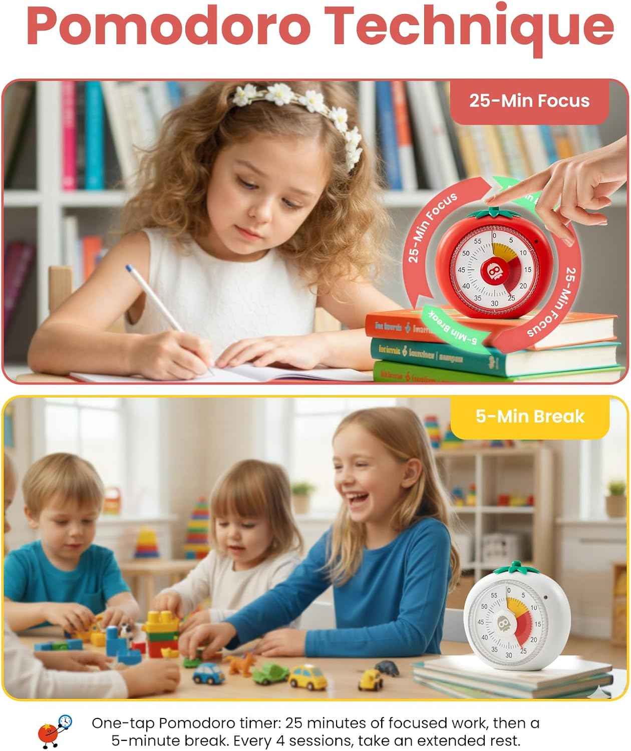 Visual Timer for Kids, 60-Minute Countdown Magnetic Timers for Classroom Office Kitchen with Silent Operation, Kids Timer for Teaching with Cute Design, 4-Color Zone Pattern Pomodoro Timers