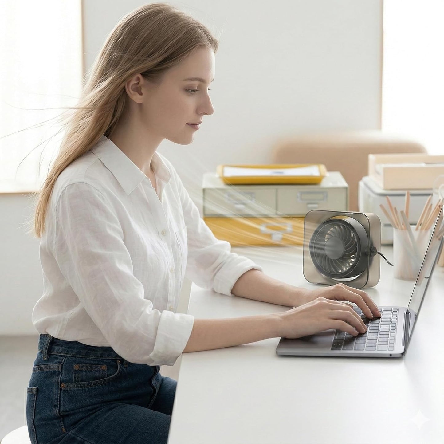 OTPEIR Mini Desk Fan, Powerful Yet Gentle Airflow Small Desktop Fan with 3 Speed Settings, Adjustable Angle One-Button Control, Detachable Easy-Clean Design, USB Desk Fan for Office Bedroom,Grey