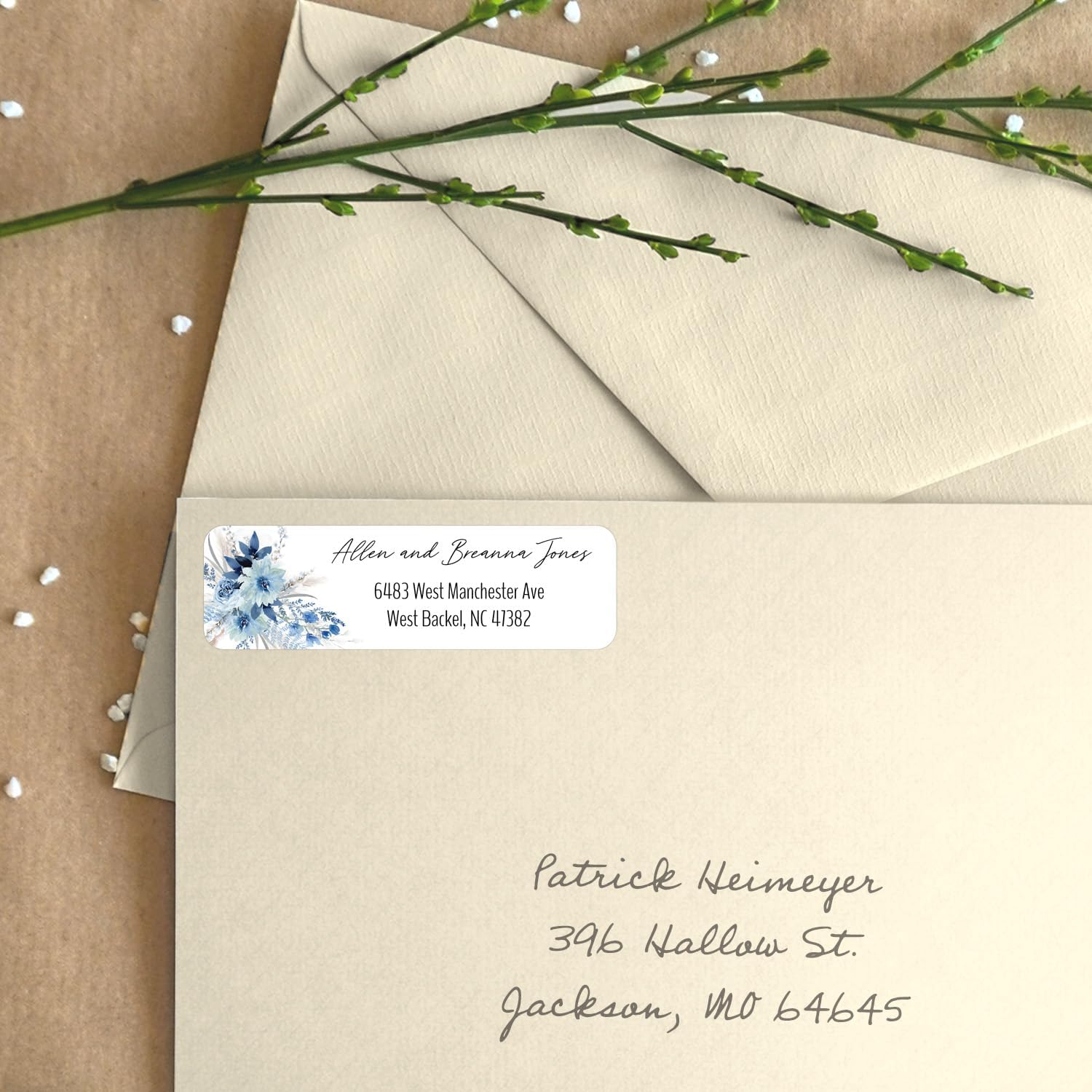 Blue Floral Rolled Address Labels / 500 Personalized Return Address Labels/Designer Address Stickers in Elegant Plastic Dispenser - Lumora Desk