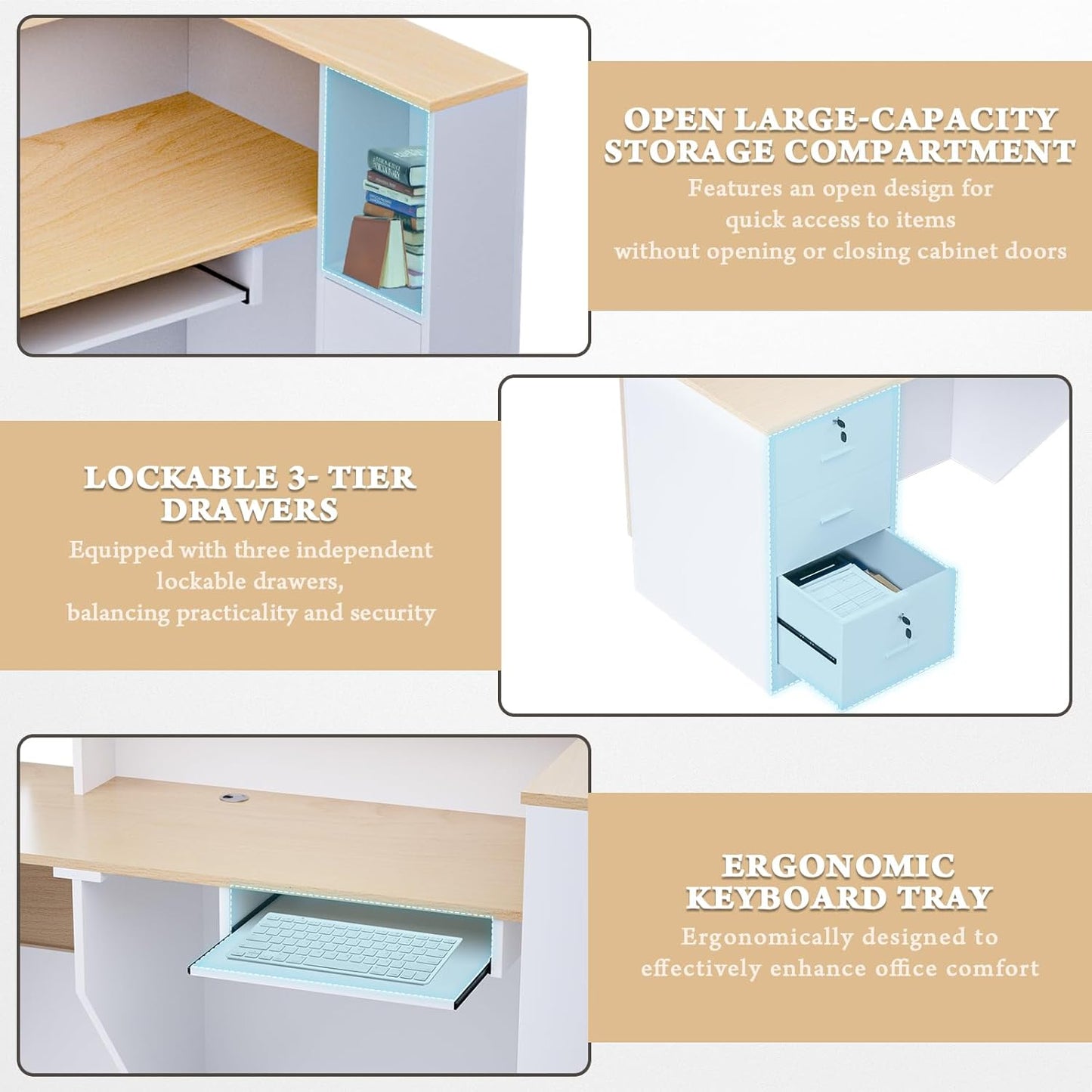 L-Shaped Large Wooden Reception Desk, Modern Front Desk Reception Counter with Lockable Drawers & Storage & Keyboard Tray, for Checkout, Lobby (Left-Natural wood/White, 71''L x 42''W x 41''H)