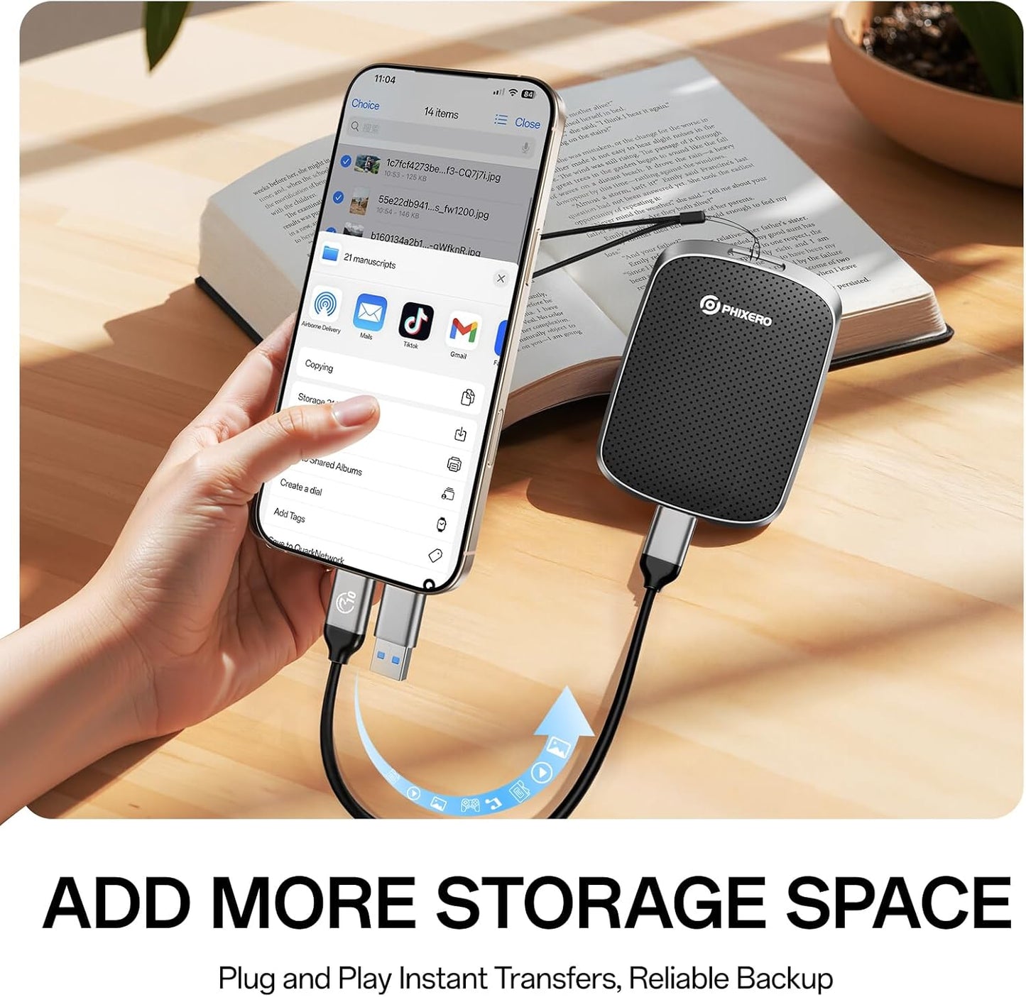 PHIXERO P5PLUS Portable SSD 2TB Up to 550MB/s, USB 3.2 Gen 2 External Solid State Drive，USB C to C&A for Smartphone，Tablet，PC，Labtop (Black)