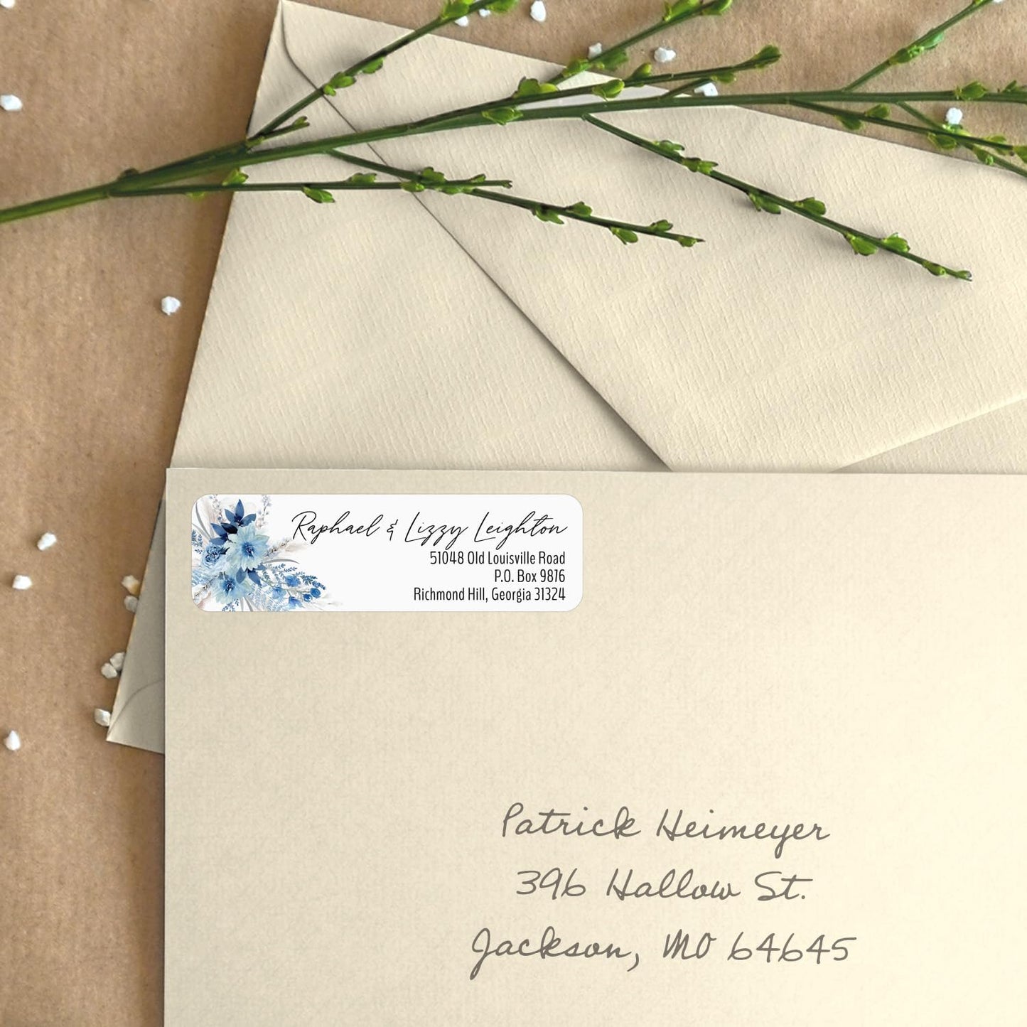 Blue Floral Rolled Address Labels / 250 Personalized Return Address Labels/Designer Address Stickers in Elegant Plastic Dispenser - Lumora Desk