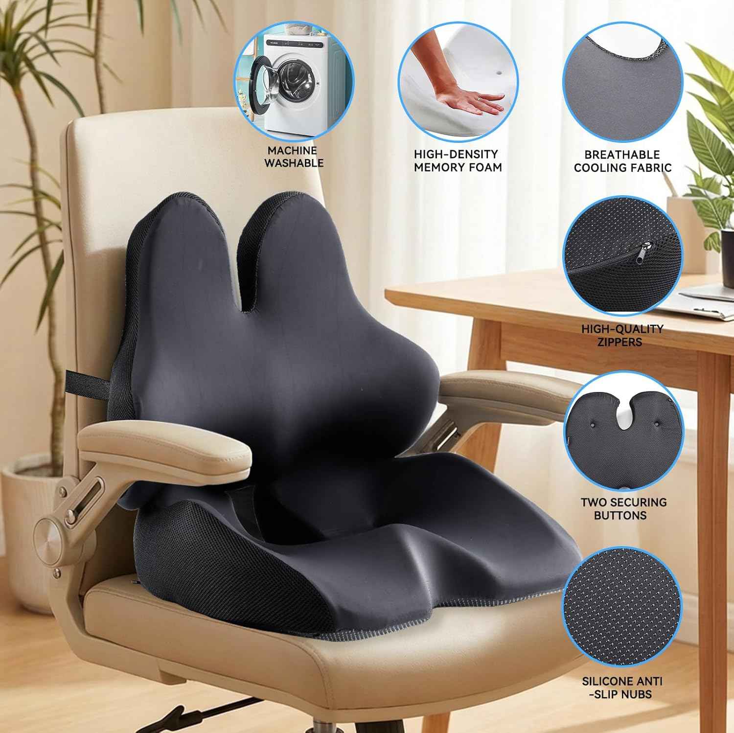 Seat Cushion Lumbar Support Pillow Set, X Large Memory Foam Coccyx Pad for Tailbone & Sciatica Pain Relief, Office Chair Cushions Back Support for Car, Desk, Wheelchair with Adjustable Fixed Strap