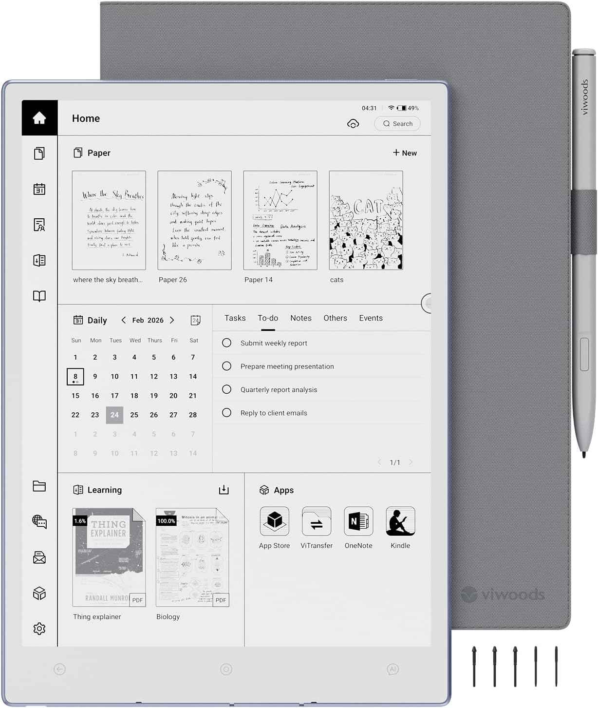VIWOODS Upgraded Bundle with AiPaper, Stylus Pro and 5 Nibs, Carta 1300 AI E Ink Tablet, 10.65'' 300PPI Electronic Notebook with Pen, Ultra-Thin 4.5mm, Lightweight 370g, 128GB Note-Taking Device