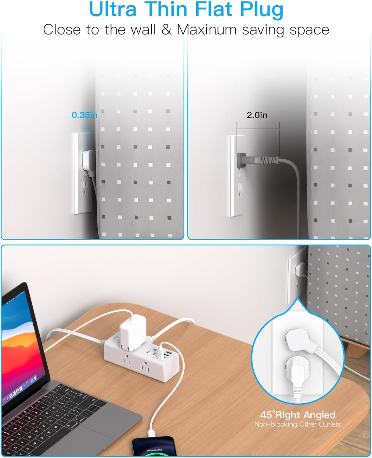 15Ft Extension Cord with Multiple Outlets, Flat Plug Power Strip Surge Protector with 15 Ft Long Cord, 6 Outlet 3 USB Ports (2 USB C), Multi Outlet Wall Plug for Travel, College, Dorm Room Essentials