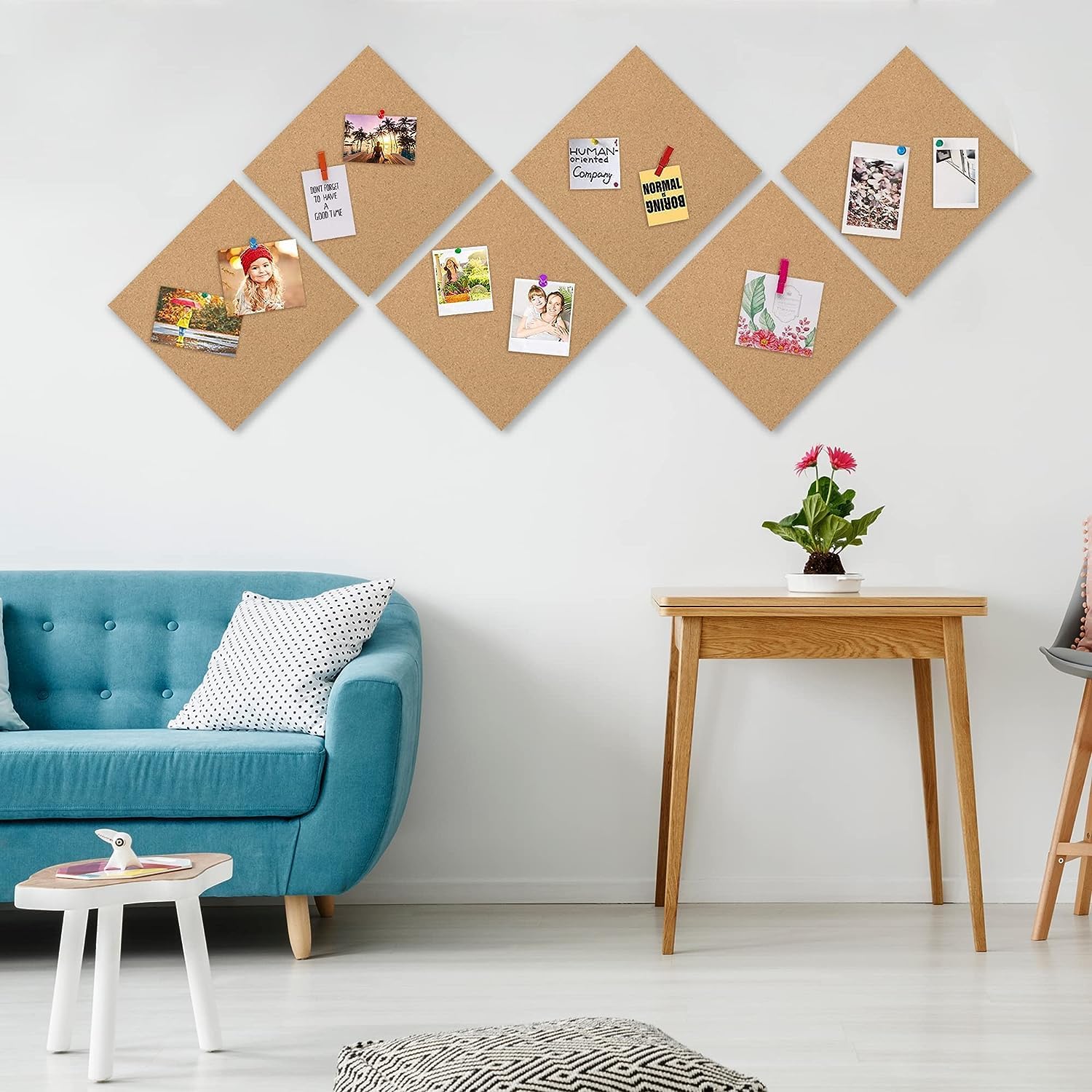 AKTOP Cork Board Bulletin Board 12x12, 1/2" Thick Cork Board Tiles 9 Pack, Small Square Pin Board for Wall, Self Adhesive Corkboards with 120 Push Pin Wood Clips for School, Home & Office - Lumora Desk
