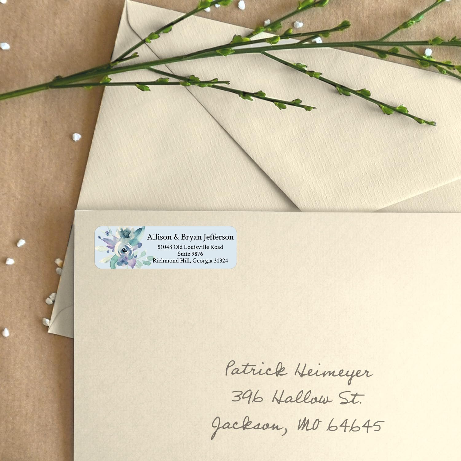 Blue Watercolor Floral Rolled Address Labels / 500 Personalized Return Address Labels/Designer Address Stickers in Elegant Plastic Dispenser - Lumora Desk