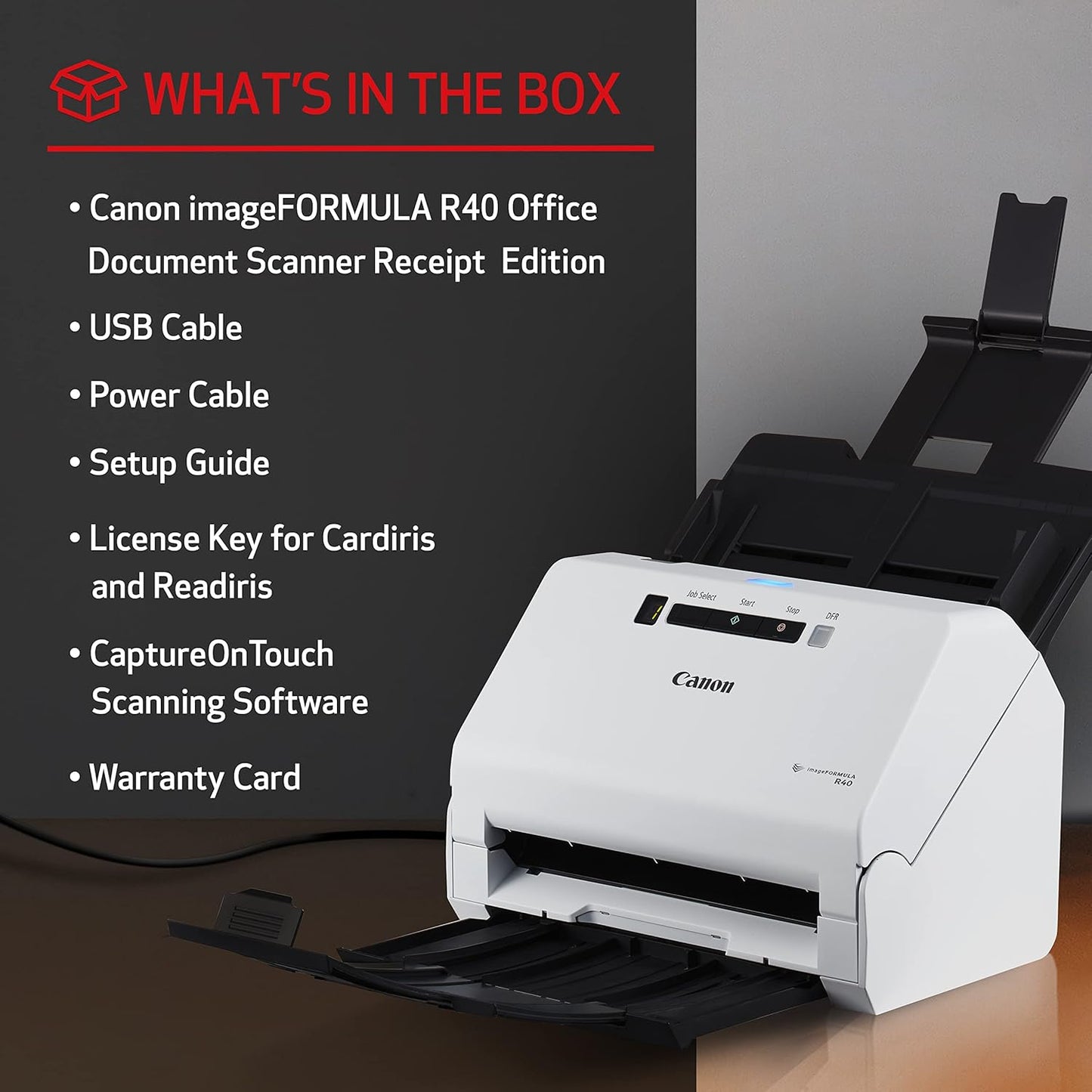 Canon imageFORMULA R40 Office Document Scanner Receipt Edition, for PC and Mac, Scan & Extract Data to QuickBooks Online, Color Duplex Scanning, Auto Document Feeder, Easy Setup for Office Or Home Use - Lumora Desk