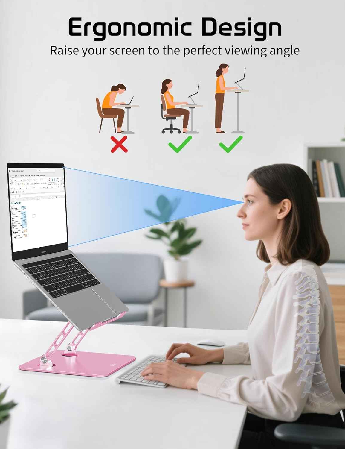 Aluminum Laptop Stand Adjustable Height & Angle | Ergonomic Riser for MacBook, Notebook & Tablet | Foldable, Portable, Ventilated Design for Office, Home, Travel – Fits 10"-15.6" Devices,Pink