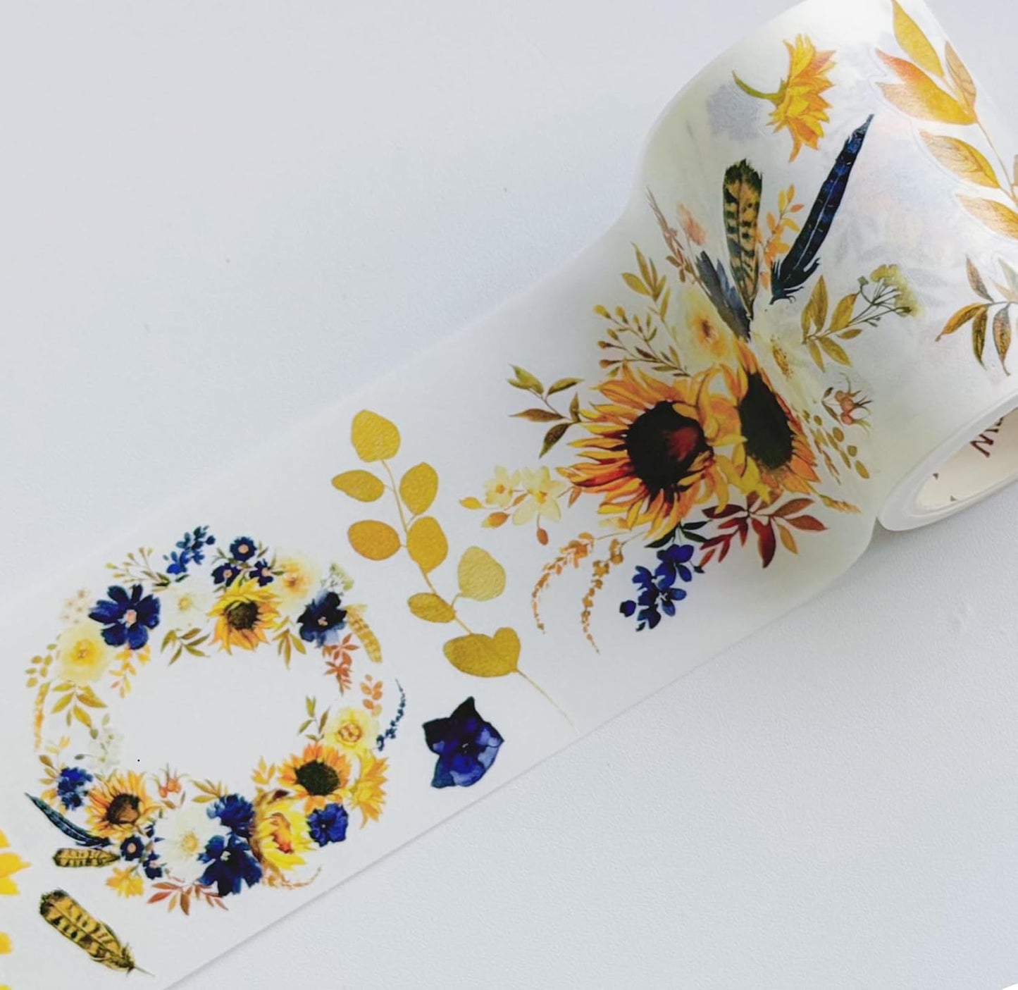 WT Pre-Cut Sunflower & Navy Wide Washi Tape, 60mm Width, Single Roll, Floral Decorative Tape for Journaling, Planners, Bujo, DIY Crafts, Original Design Paper Tape