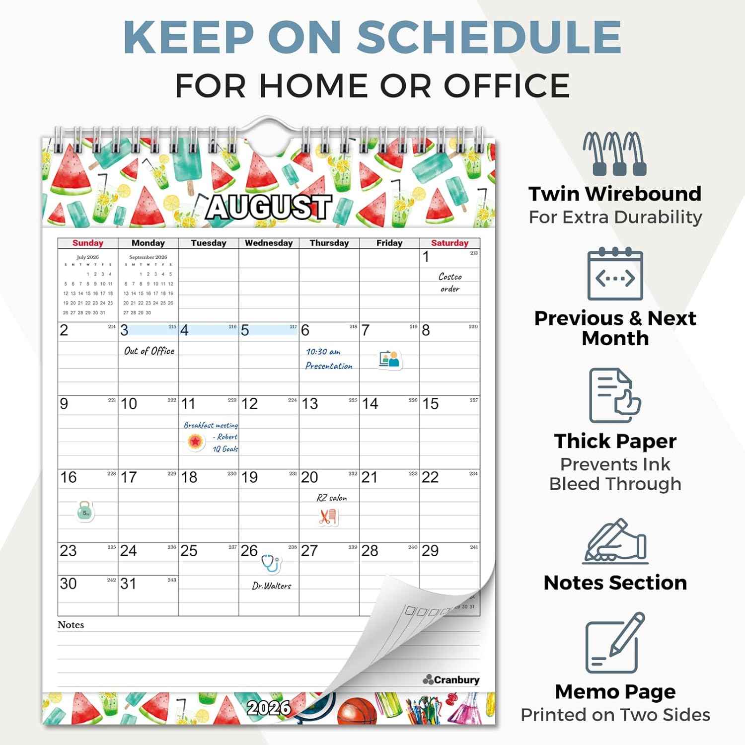 CRANBURY Small Wall Calendar 2026, 8.5x11 Vertical Calendar (Seasonal), Hanging or Desk, Starts Now and Runs Through Dec 2026, Monthly Planner for Home, School & Office, Includes Stickers