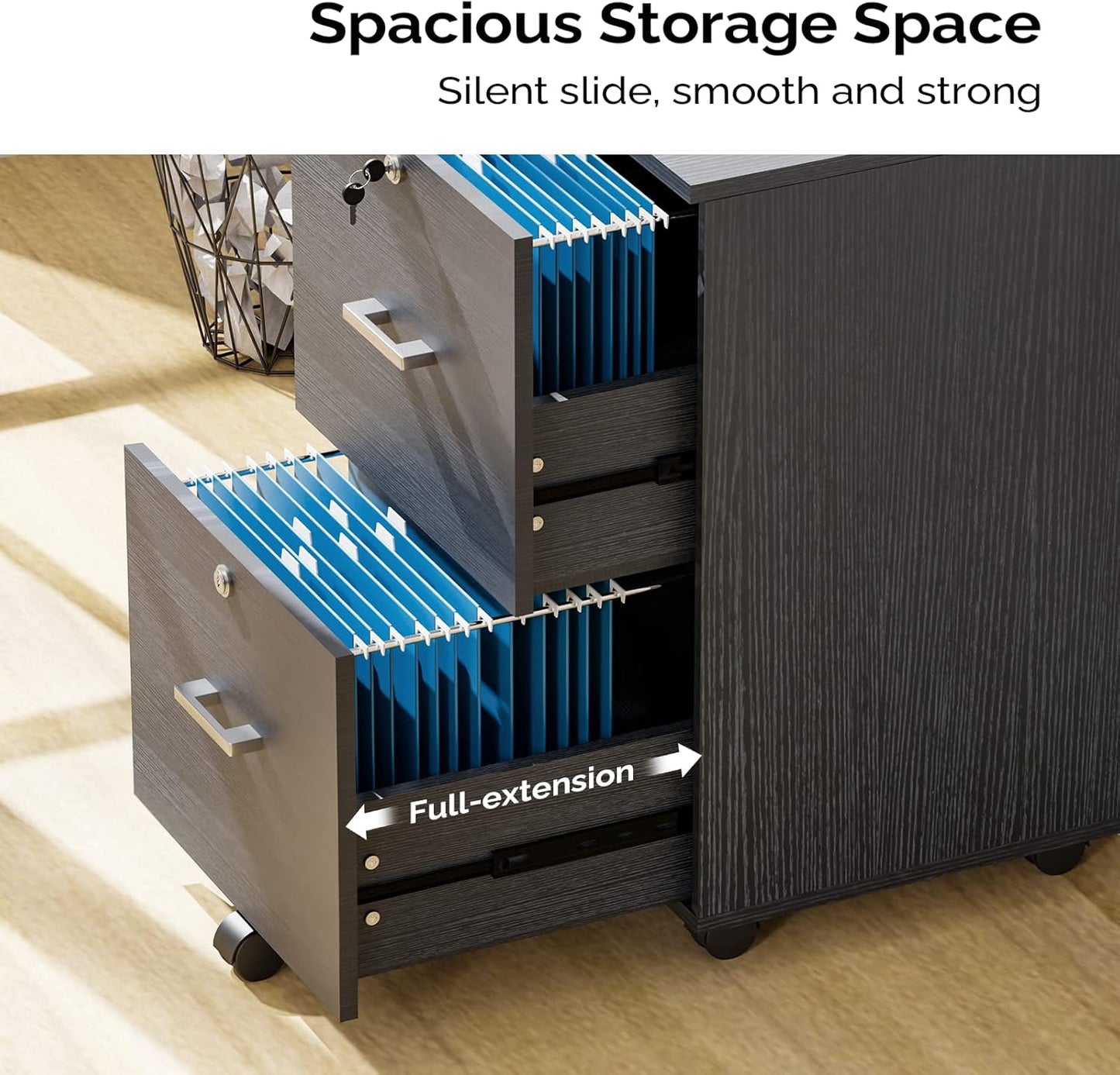 VINGLI 2-Drawer File Cabinet with Lock, Small Rolling Wood Filing Cabinet for Hanging Letter Size Filings with Tabs, Mobile Under Desk File Organizer for Home Office, Classic Black, 27.2" H