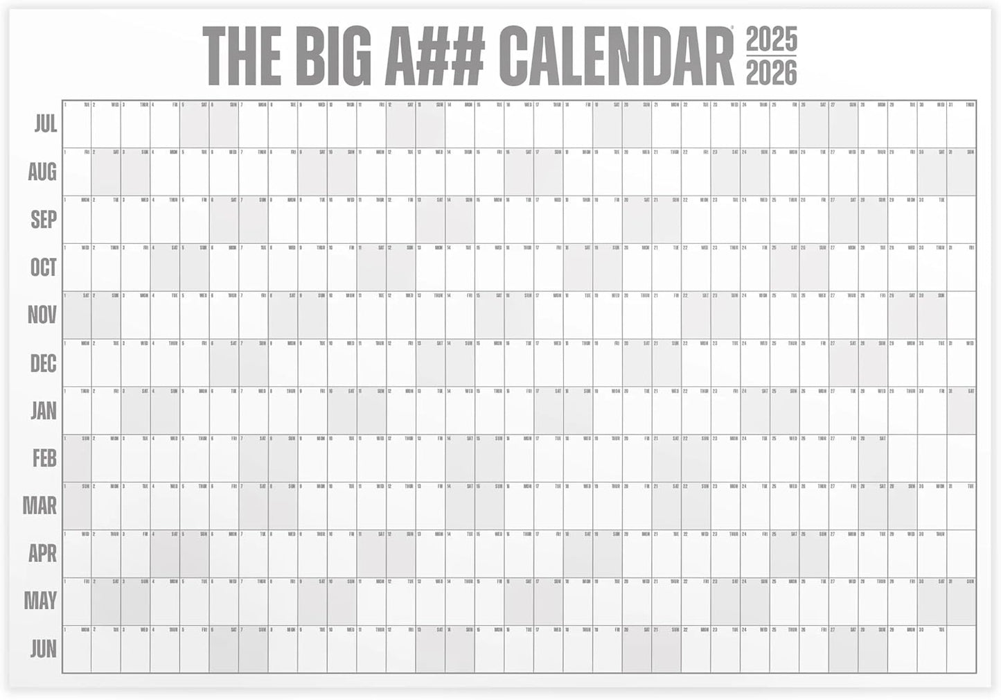 The Big A## Calendar Mid-Year Wall Planner – July to June Dry-Erase – Includes 1 Markers & 100 Labels – Lightweight, Easy to Hang Yearly Planner – Plan Goals & Adventures – Gray, 4’x3’