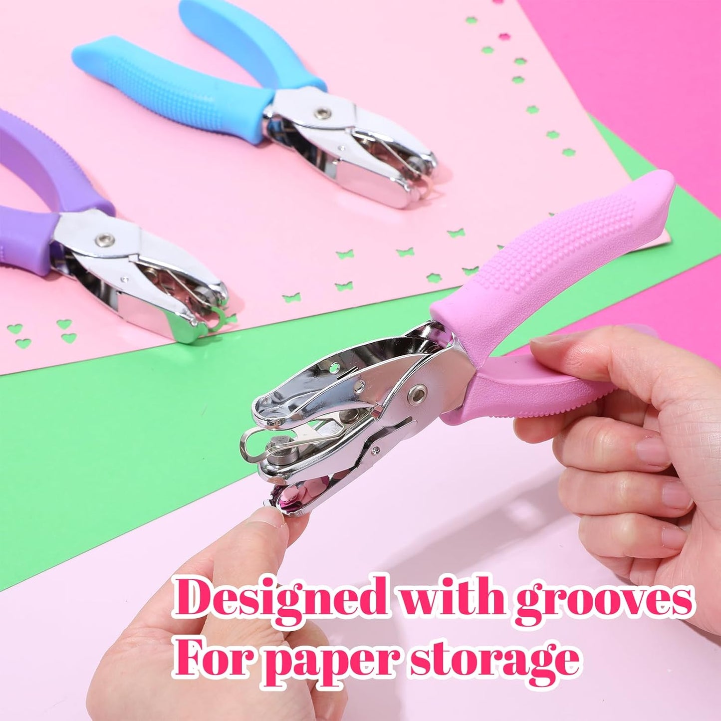 3 Pcs Single Hole Puncher, Handheld Shapes Hole Puncher for Crafts, 1/4" Metal Small Hole Punch with Soft Grip, Heart Butterfly Flower Holes for DIY Tags Ticket Scrapbook