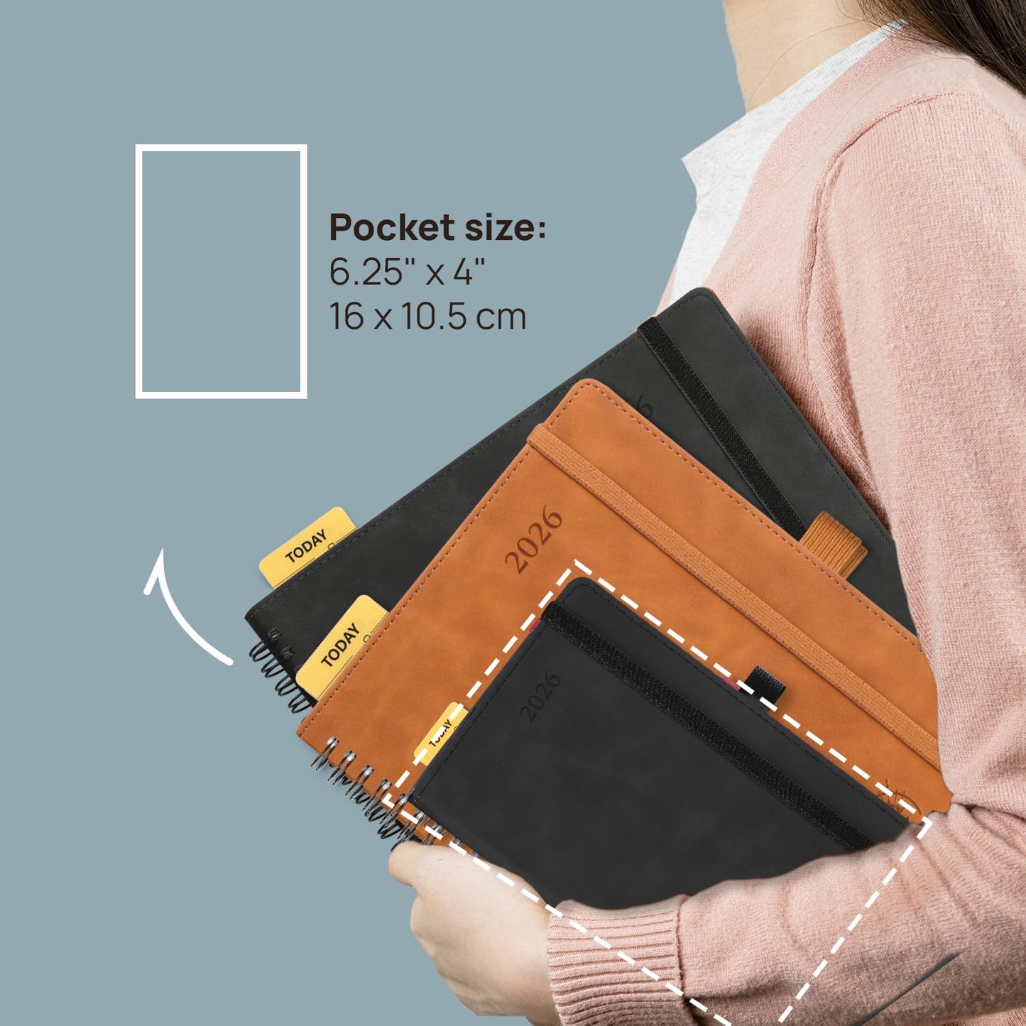 POPRUN 2026 Planner Weekly Notebook (Jan-Dec), Small Size 4''x 6.25'' - 2026 Pocket Calendar for Purse with Spiral Soft Cover, Plastic Ruler, Inner Pocket, 100 GSM - Soft Pink