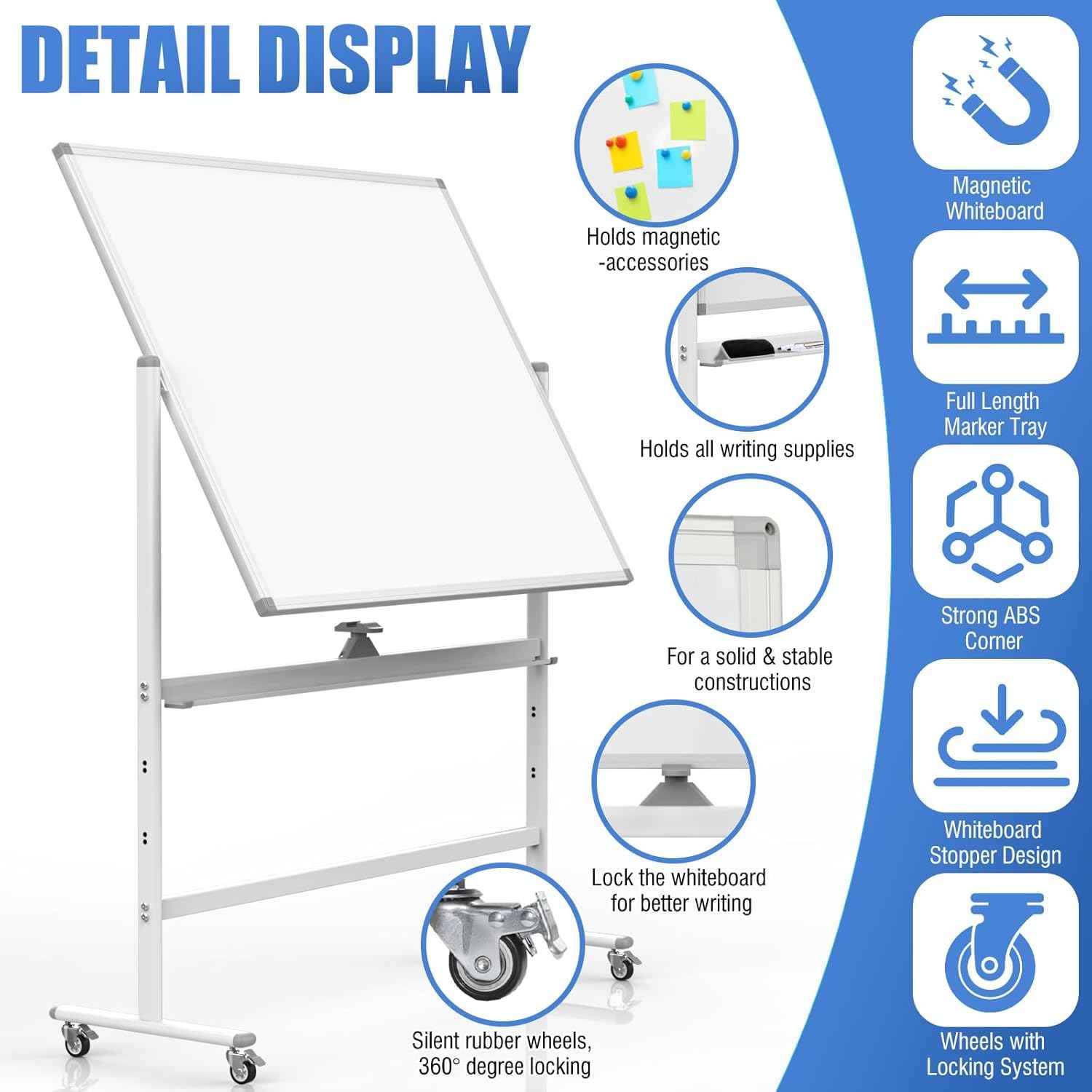 Rolling Whiteboard 48"x36" Magnetic Dry Erase Board with Stand, Double Sided Mobile Whiteboard on Wheels, Non-Foldable Large Portable White Board for Office, Classroom & Home
