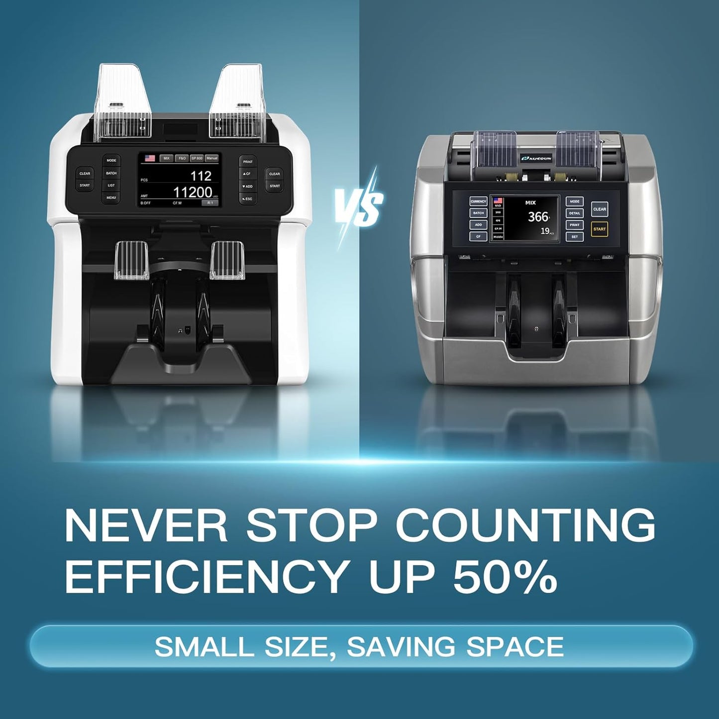 NUCOUN VS-75 Bill Counter Machine Mixed Denomination,Money Counter Machine with Reject Pocket,Counterfeit Detection 2 CIS/UV/MG/IR,Multi Currency Bill Sorter,Value Count,Serial Number Read,Print&Sort