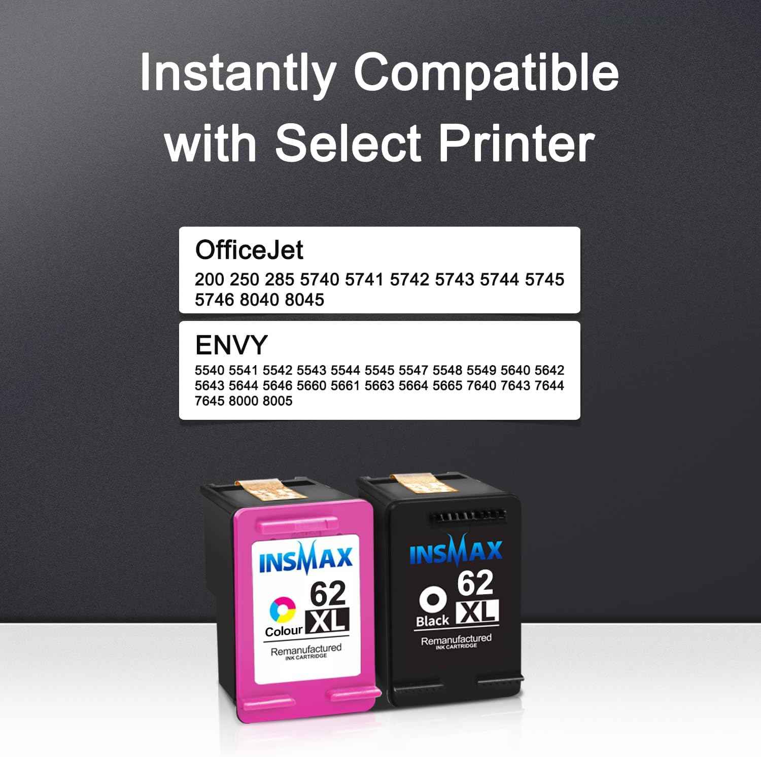 62XL Ink Cartridge Combo Pack Replacement for HP 62 XL 62 Ink Work for Envy 5540 7645 OfficeJet 5740 250 200 Series Printer (1 Black, 1 Tri-Color)