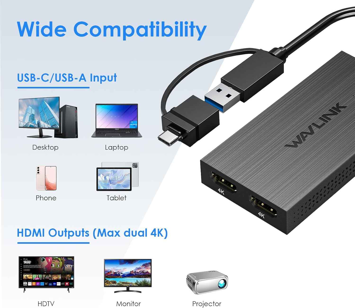 WAVLINK USB 3.0 or USB C to Dual HDMI 4K@60hz Splitter Extended Display for Dual Monitor, Displaylink Adapter Two HDMI 4K 60Hz for Apple Mac M1-M5/Macbook Neo or Windows 10/11,Driver Required