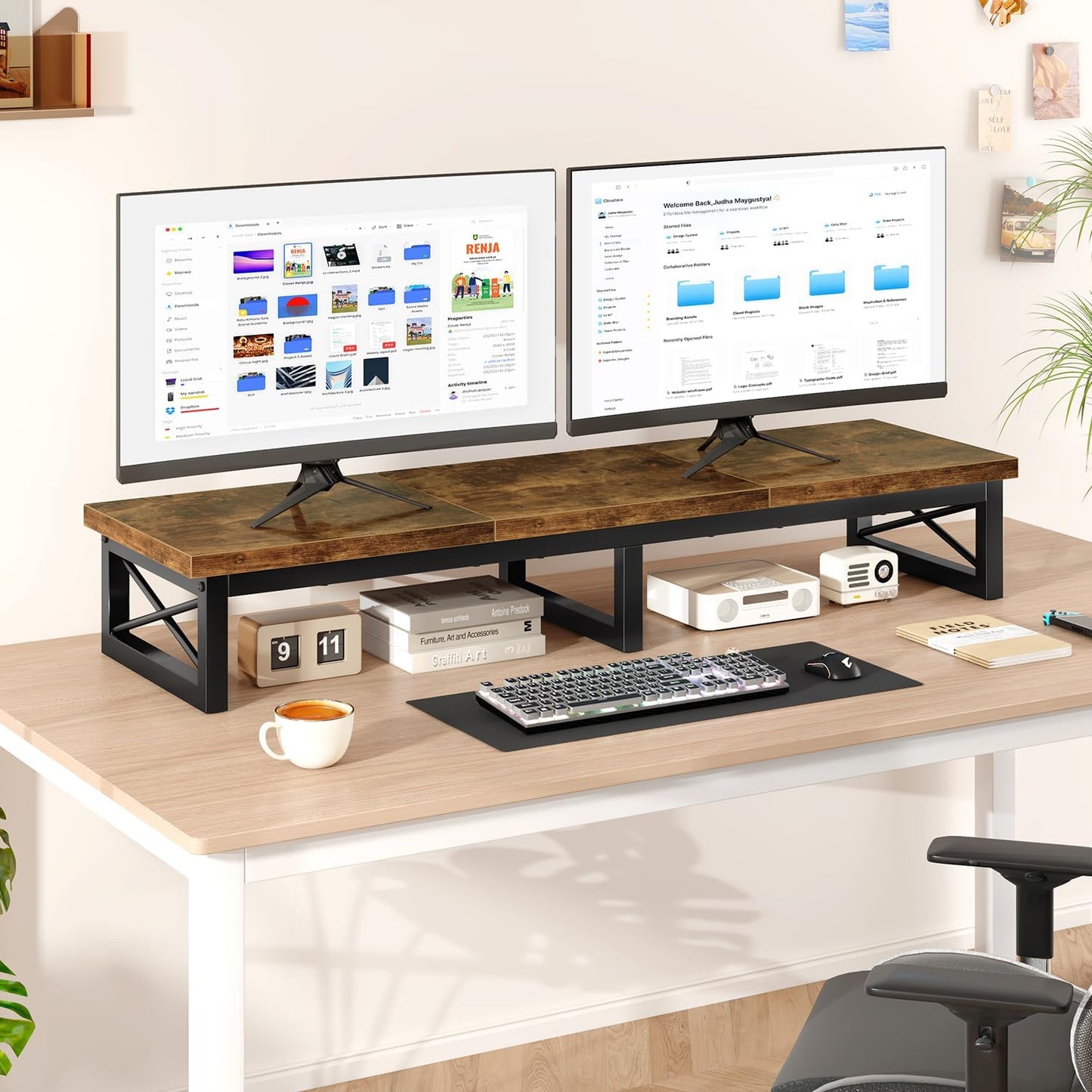 IBUYKE 45" Large TV Riser for 32-60 inch TV,Tabletop Short TV Stand with Storage and Steel Legs,Dual Screen Office Desk,Stand Riser,TV Riser Stand for Home,Bedroom,Living Room,Rustic Brown TVT002H