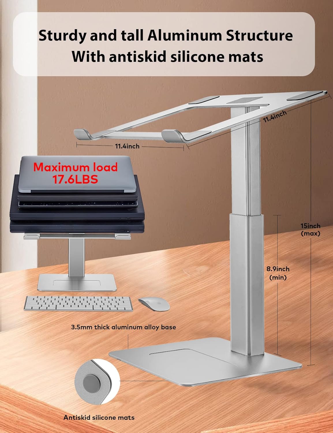 Laptop Stand for Desk, Ergonomic Sitting and Standing Laptop Riser for Notebook MacBook 11-17 Inches，DJ Laptop Stand Adjustable Height from 7-15 Inches Aluminum(Silver)