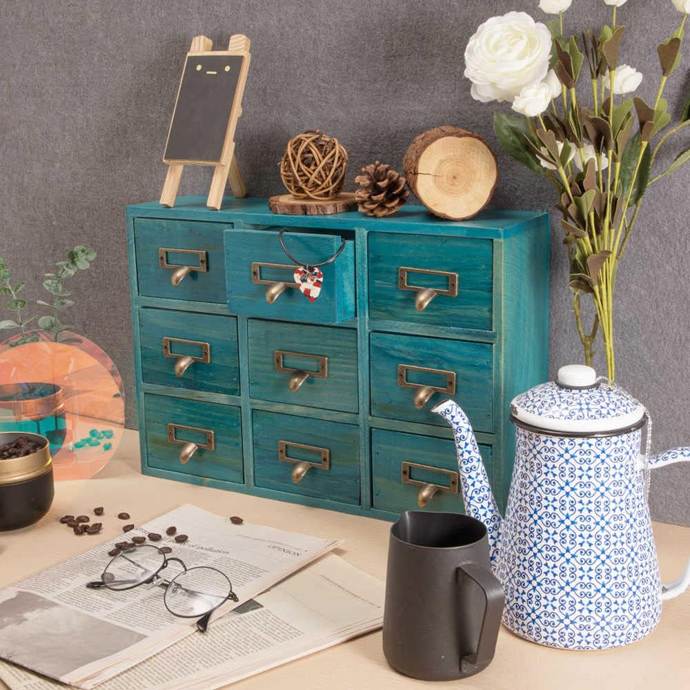 9 Drawers Library Card Catalog Cabinet with Labels Apothecary Cabinet Tabletop Apothecary Chests and Cabinets Herb Storage Box Wooden Desk Drawer Organizer Medicine Vintage Furniture(Blue)