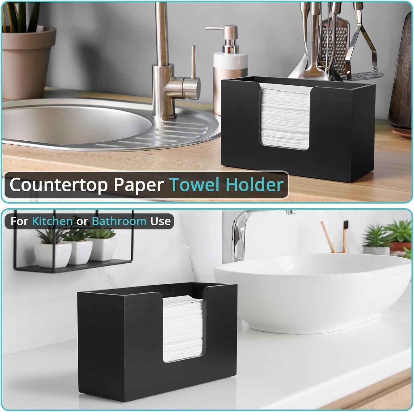 Paper Towel Dispenser Countertop, Wooden Bathroom Paper Towel Holder, Black Napkin Holder for Kitchen, Countertop Multifold C-Fold, Z-Fold, Trifold Paper Hand Towel Dispenser for Bathroom Toilet