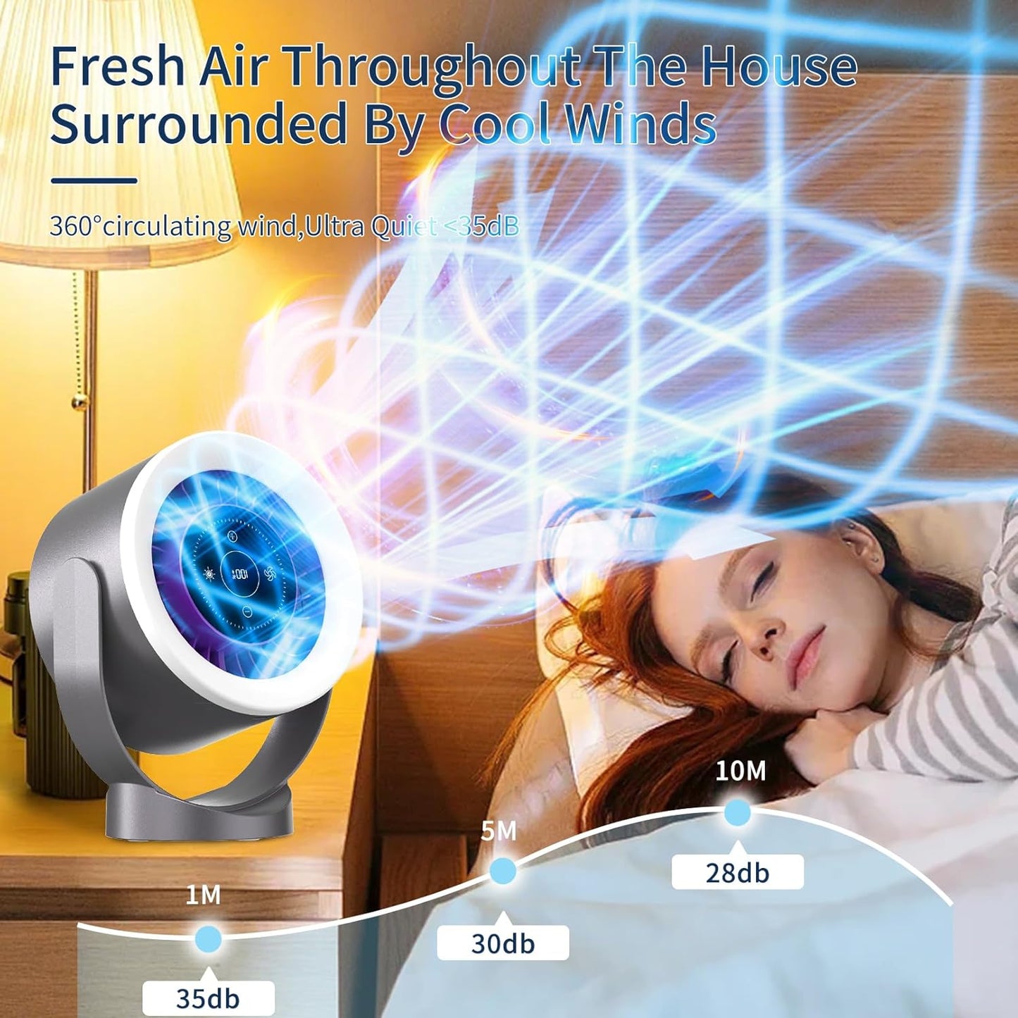 USB Rechargeable Desk Fan – Ultra Quiet <35dB, LED Touch Control, 100 Speed Levels, 360° Adjustable, Wall Mount or Table Use, Timer & Night Light, for Bedroom, Office, Travel