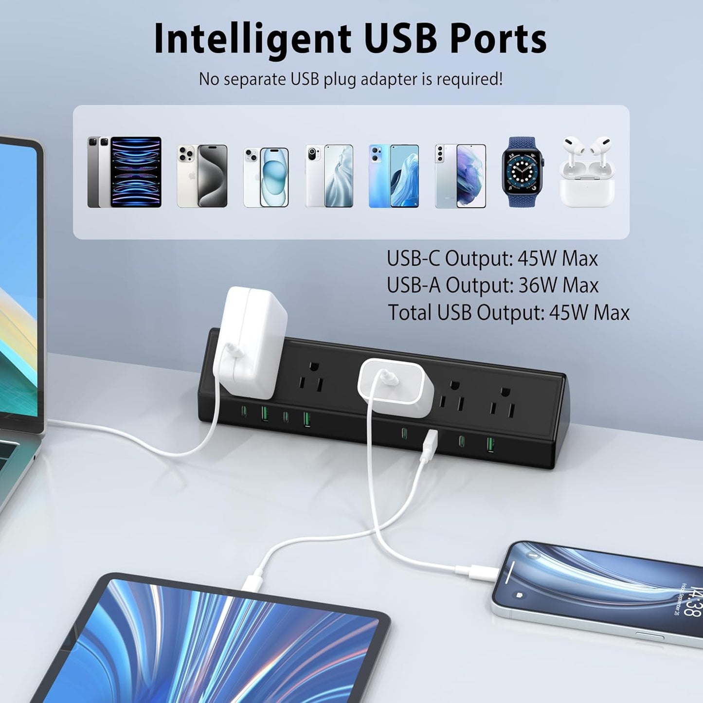 45W Fast Charging Station,Desk Clamp Power Strip,4 PD USB-C Ports,5 AC Outlets,Surge Protector Power Strip, 14AWG Heavy Duty Cord, Fits 1.9" Tabletop Edge (Black, 15 FT Cable)