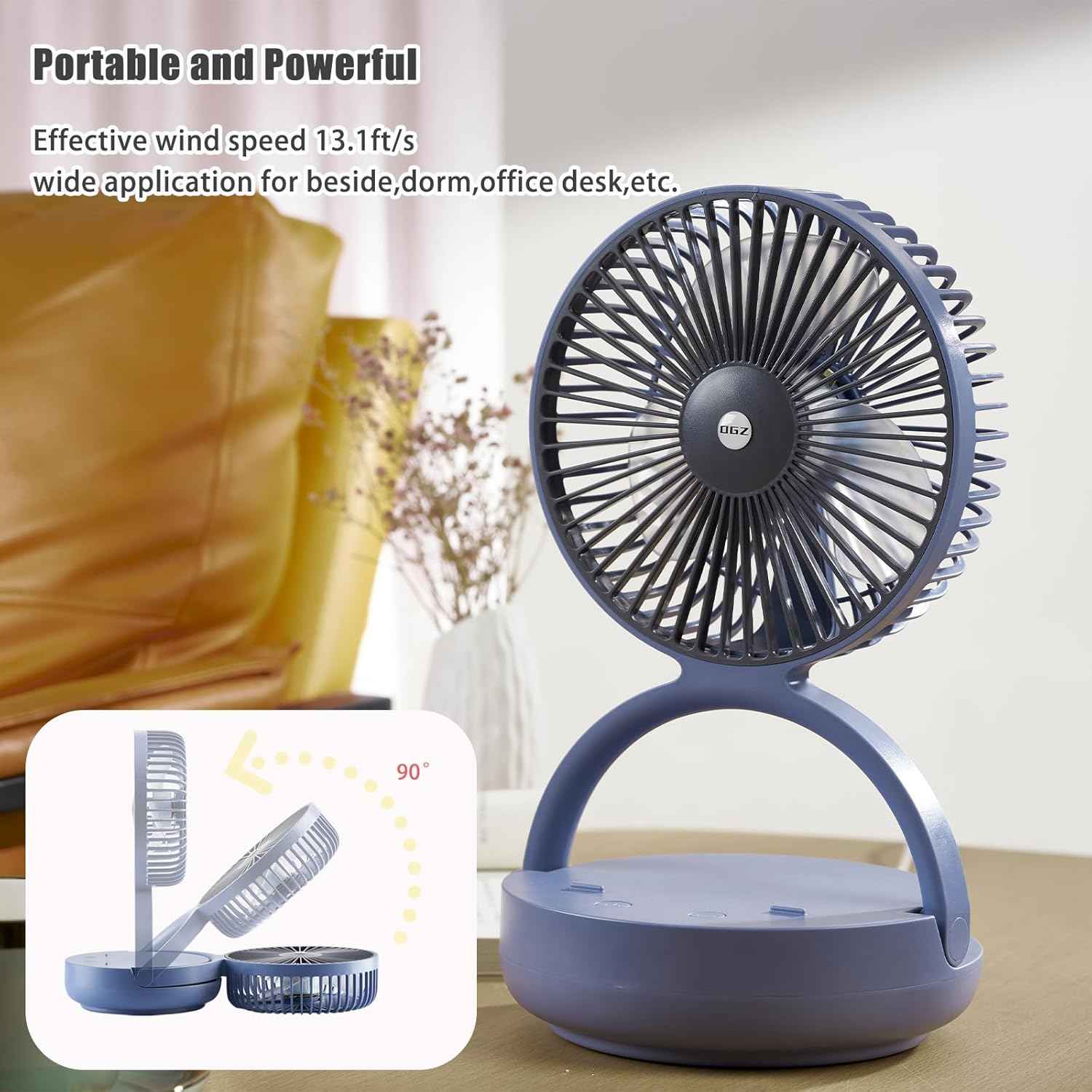 OGZ Portable Fan for Travel I 7 Inch Small Desk Fan Rechargeable Air Circulator I 180° Oscillating Battery Powered Powerful Personal Fan For Beside Office Desktop RV Dorm Cooling