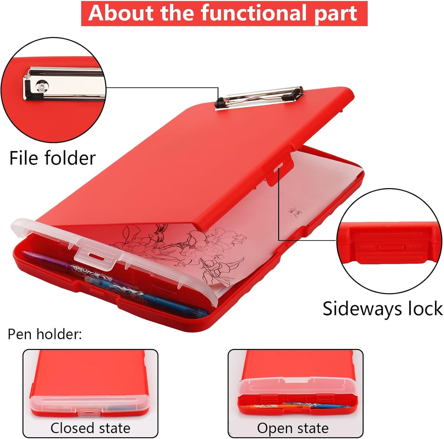 Clipboard with Storage,A4 Binder Nursing Clipboards with Pen Holder,Heavy Duty Storage Clipboard with Low Profile Clip,Clipboards Folder Side-Opening,Smooth Writing Clip Board Office Supplies(Red)