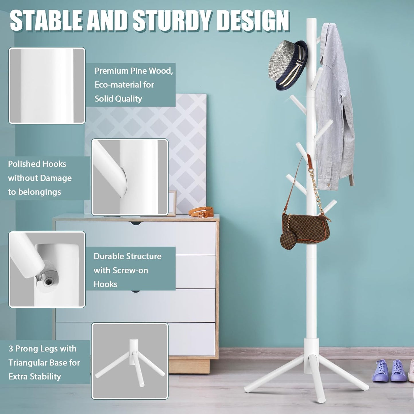 Haddockway Wooden Coat Rack Stand with 8 Hooks New Zealand Pine 3 Adjustable Coat Standing Tree Easy Assembly for Coats, Hats, Scarves and Handbags for Entryway, Hallway, Bedroom, Office, white - Lumora Desk