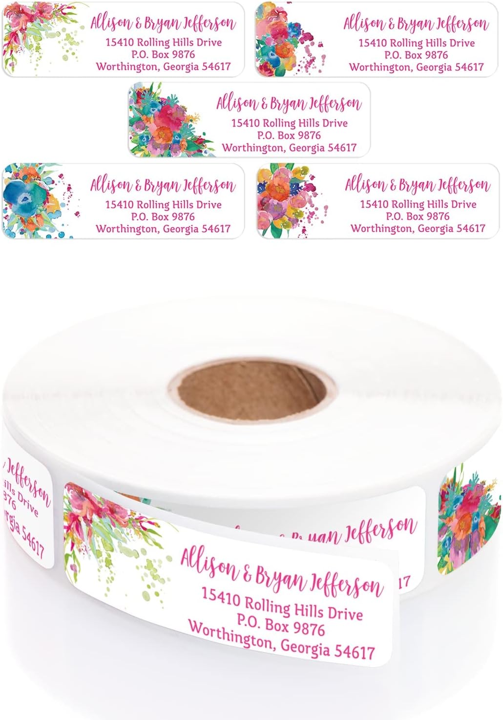 Bright Watercolor Floral Rolled Address Labels / 5 Vibrant Flower Bouquet Designs/Roll of 500 Personalized Address Labels/Designer Return Address Stickers in Elegant Plastic Dispenser - Lumora Desk