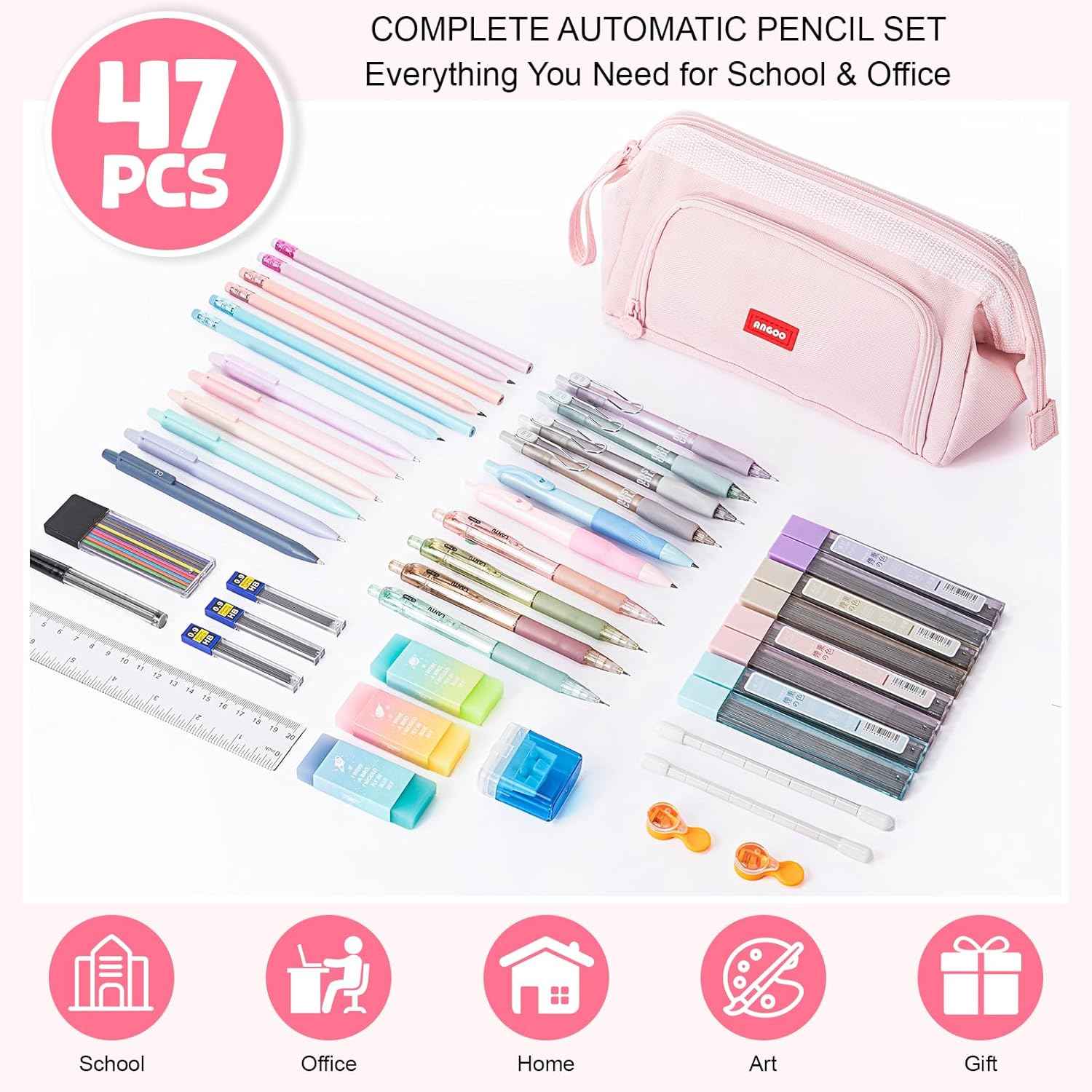 Eersida 47 Pcs Aesthetic School Supplies with Cute Pen Case, Mechanical Pencils 0.5mm, 0.7mm, 0.9mm & 2.0mm with Leads and Eraser Refills, Wood Pencils #2, for Writing, Drawing & Drafting (Pink)