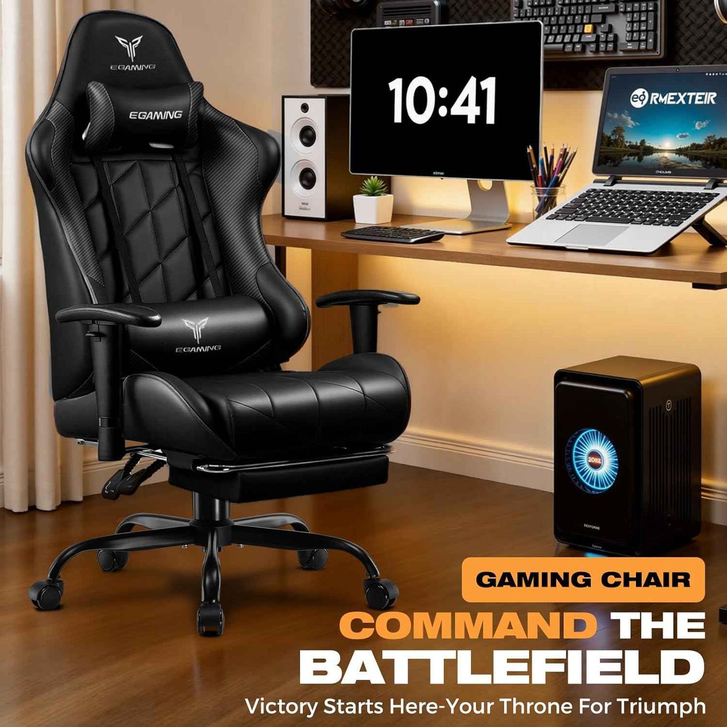 Gaming Chair with Footrest, Ergonomic High-Back PU Leather Computer Chair with 3D Adjustable Armrests, Headrest and Lumbar Support, Office Desk Chair with Diamond Stitching for Adults & Teen