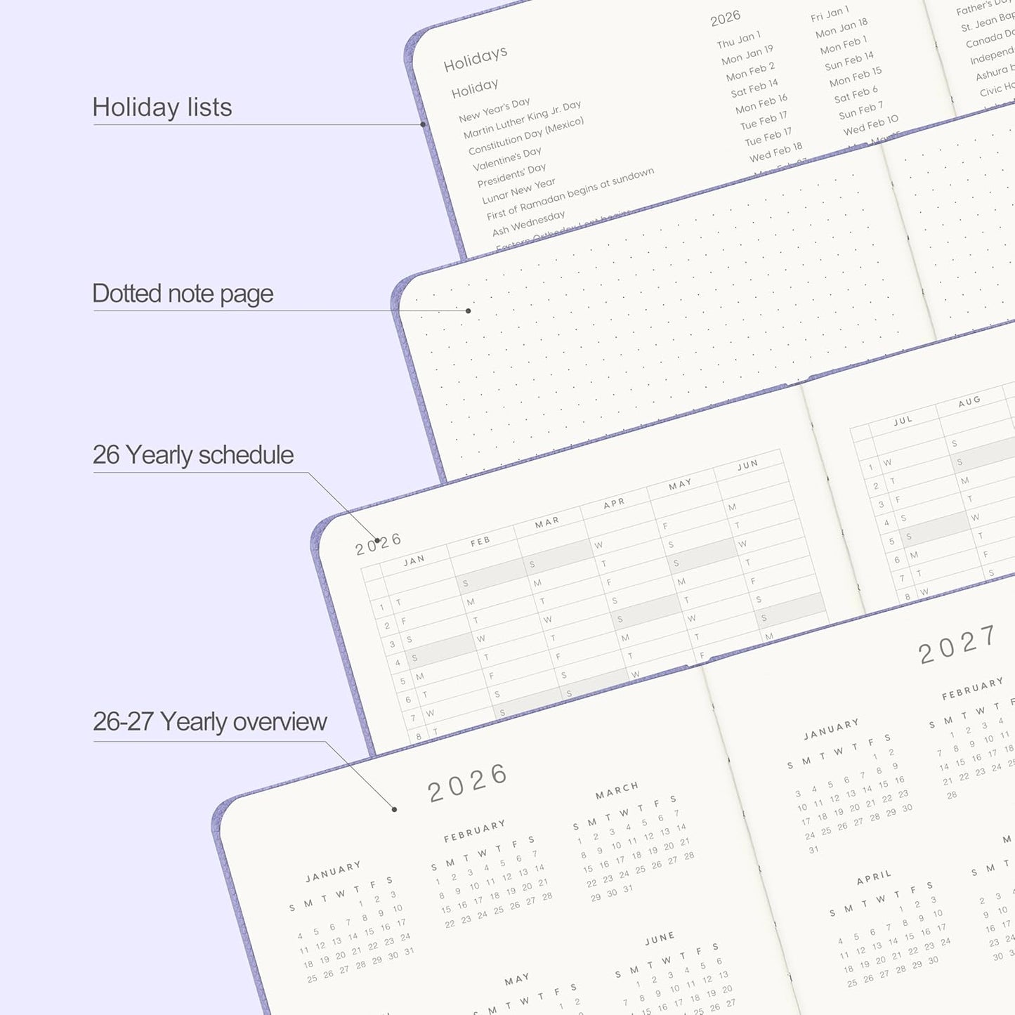 And Per Se 2026 Planner-Daily, Weekly & 15-Monthly Leather Hardcover Planner, 5.7" x 8", Daily Schedule, Monthly Tabs, 100 GSM Thick Paper, Back Pocket(Lavender)
