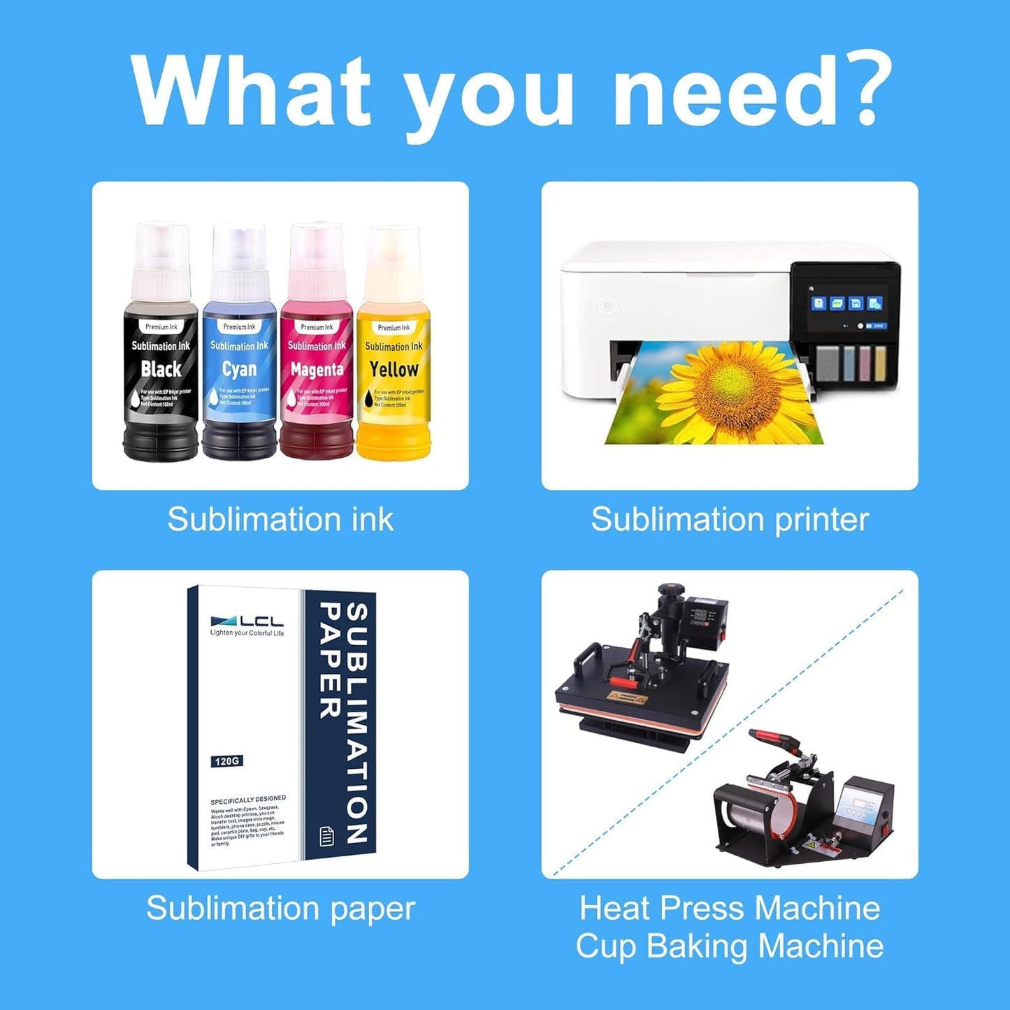 LCL 400ML Sublimation Ink Refilled Bottles Compatible with ET-2400 ET-2720 ET-2800 ET-2803 ET-2760 ET-2820 ET-2850 ET-3710 ET-4760 ET-15000 ST-4000 Inkjet Printers Heat Press Transfer on Mugs T-Shirts