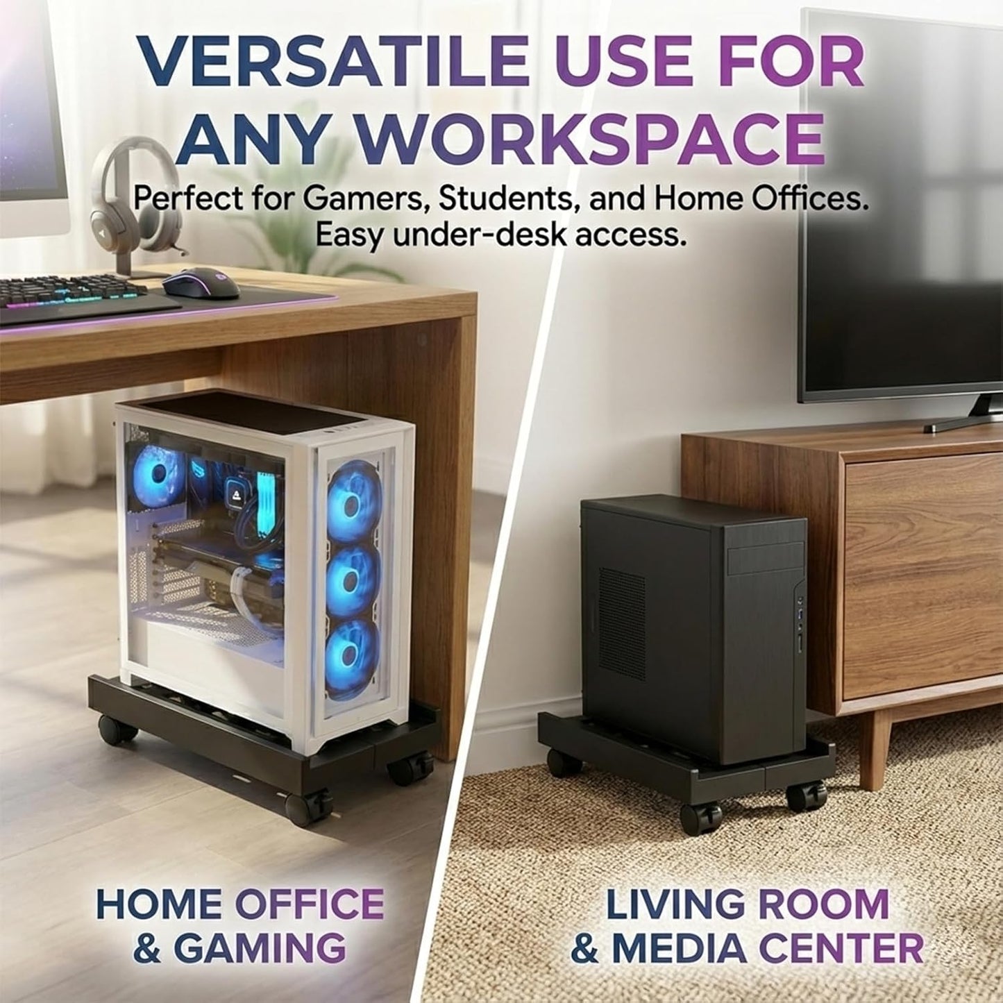 Adjustable Mobile CPU Stand with 4 Caster Wheels - Ventilated Tower Stand, Fits Most PCs - Under Desk CPU Holder, PC Floor Cart, Riser for Gamers and Students (Black)