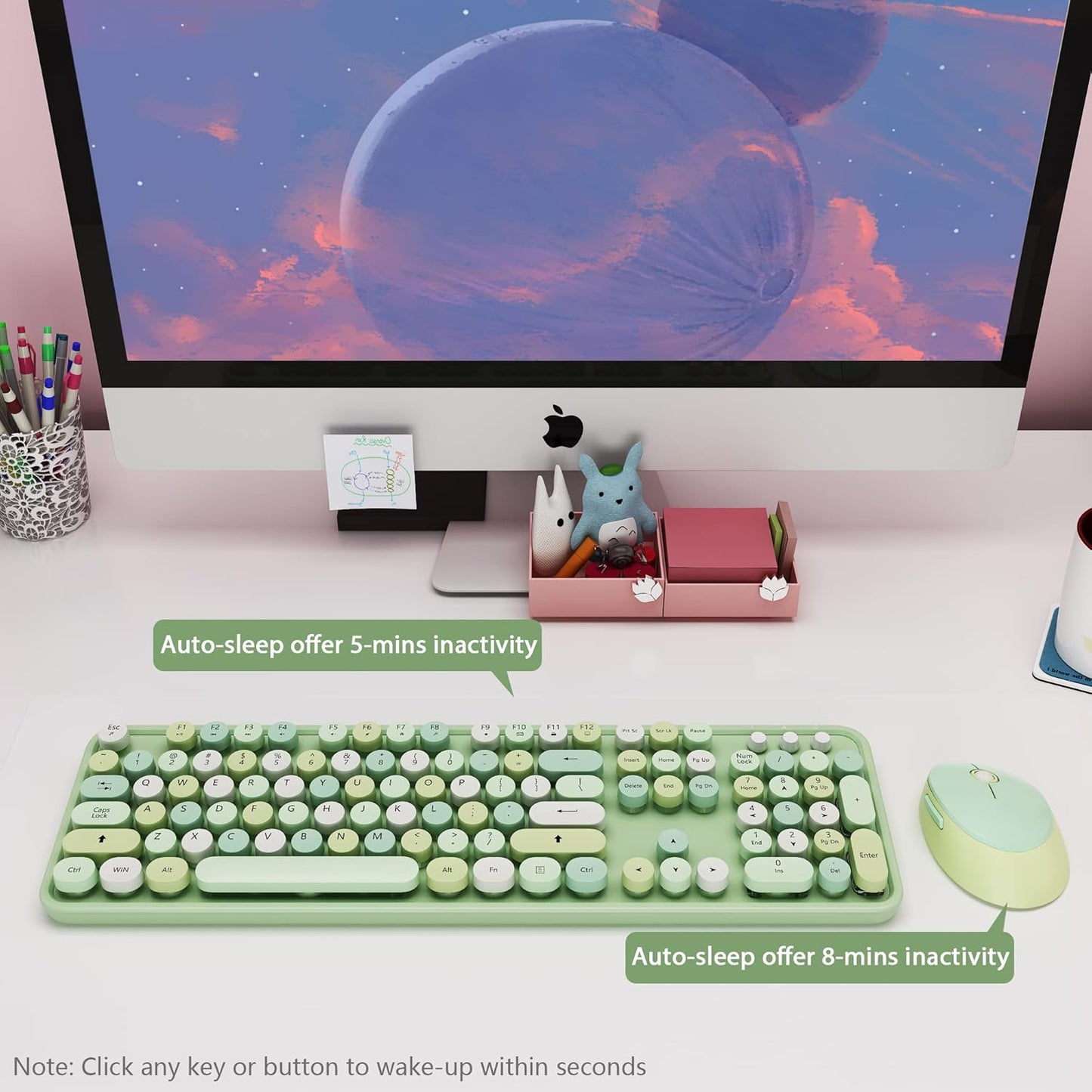Green Wireless Keyboard and Mouse, KOOTOP Cute Green Colorful Keyboard and Mouse, 2.4G Wireless Keyboard with Retro Round Keycap for PC, Mac, Laptop,Tablet,Computer Windows (Green)