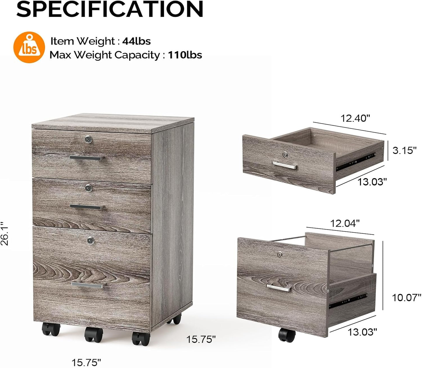 VINGLI 3-Drawer File Cabinet with Lock, Wood Rolling Filing Cabinets for Home Office, Mobile Printer Stand, Under Desk File Organizer for Letter Sized Files, 26" H(Caster Included),Gray Oak